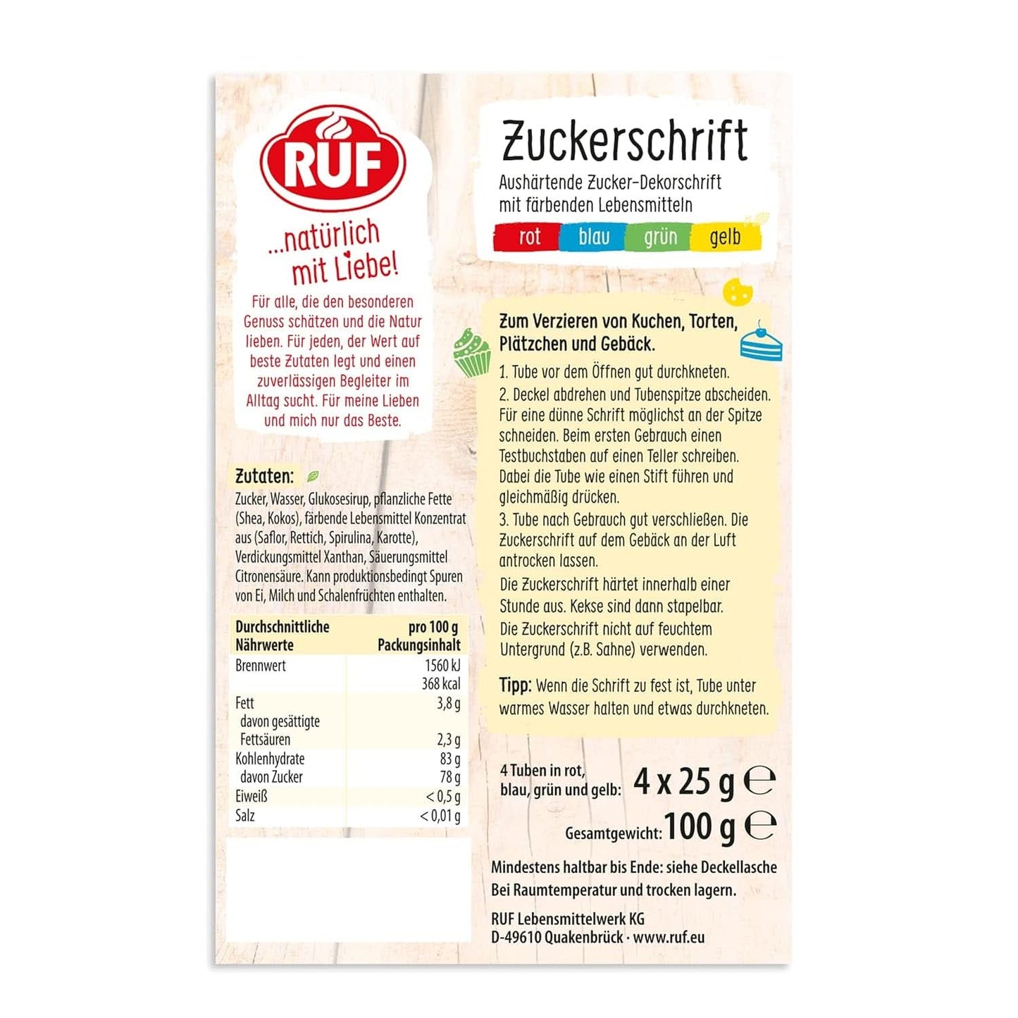 RUF, glaseado para escribir sobre tartas, galletas, tartas, sin gluten, vegano, 4 x 25 gramos Esmaltes y Decoración Naty Shop
