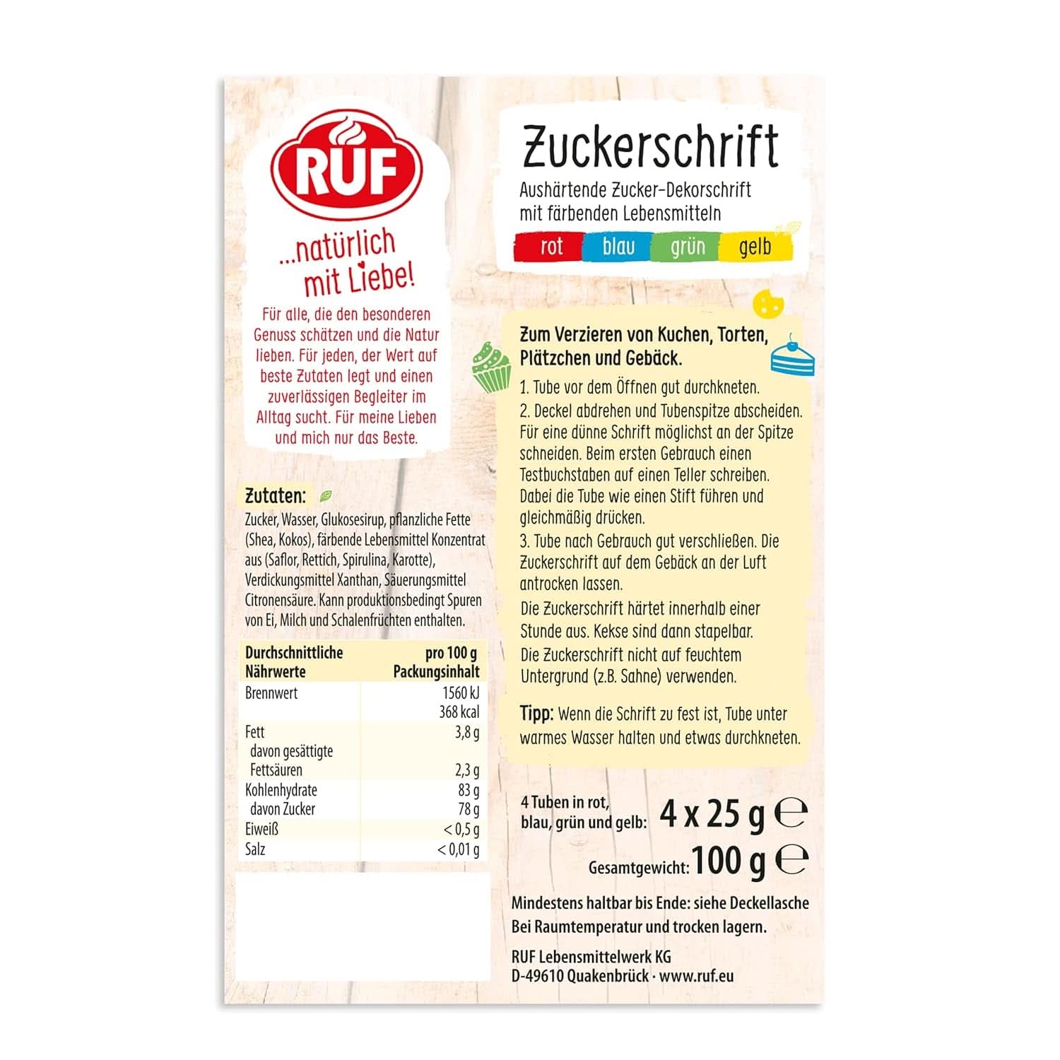 RUF, glaseado para escribir sobre tartas, galletas, tartas, sin gluten, vegano, 4 x 25 gramos Esmaltes y Decoración Naty Shop