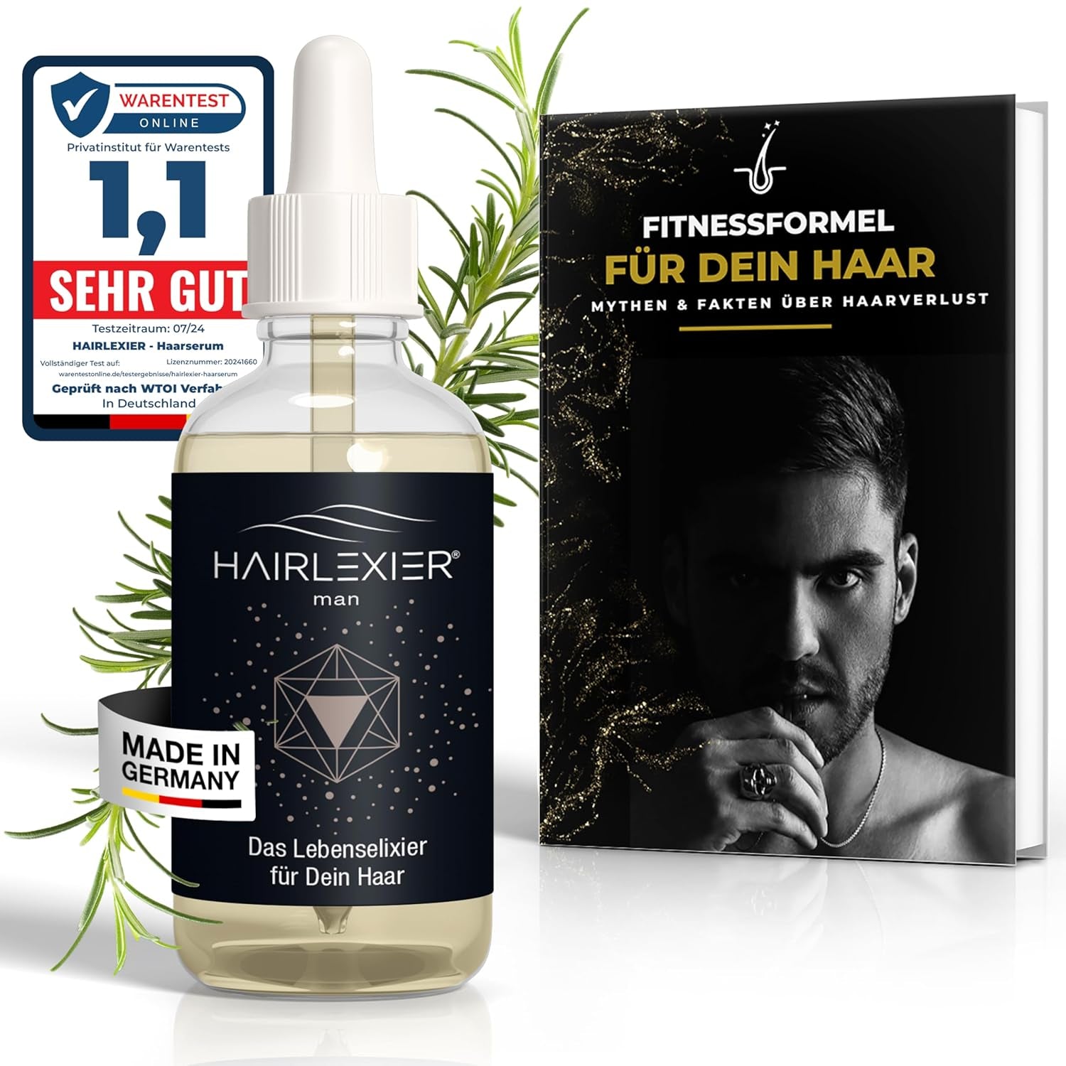 Hairlexier Remedio para el crecimiento del cabello para mujeres - Aceite capilar de romero, aceite capilar de ricino, aceite de lavanda, suero capilar natural contra la caída difusa del cabello, favorece el crecimiento del cabello, vegano y orgánico + Libro de trabajo Cuidado del cabello Naty Shop Men