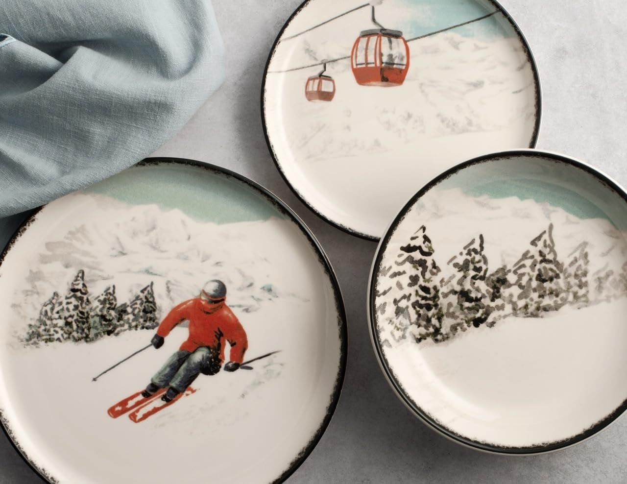 Winter Escape Juego de vajilla navideña de gres de 12 piezas - Diseño nórdico de esquiador de invierno - Apto para lavavajillas y microondas