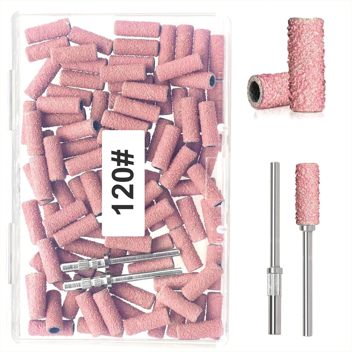 BLESWIN 100 correas de lijado pequeñas para brocas de uñas, grano fino 240 con 2 brocas de 0.118 in, mini correas de lijado para pulir uñas naturales y limpiar cutículas para preparación, rosa