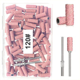 BLESWIN 100 correas de lijado pequeñas para brocas de uñas, grano fino 240 con 2 brocas de 0.118 in, mini correas de lijado para pulir uñas naturales y limpiar cutículas para preparación, rosa
