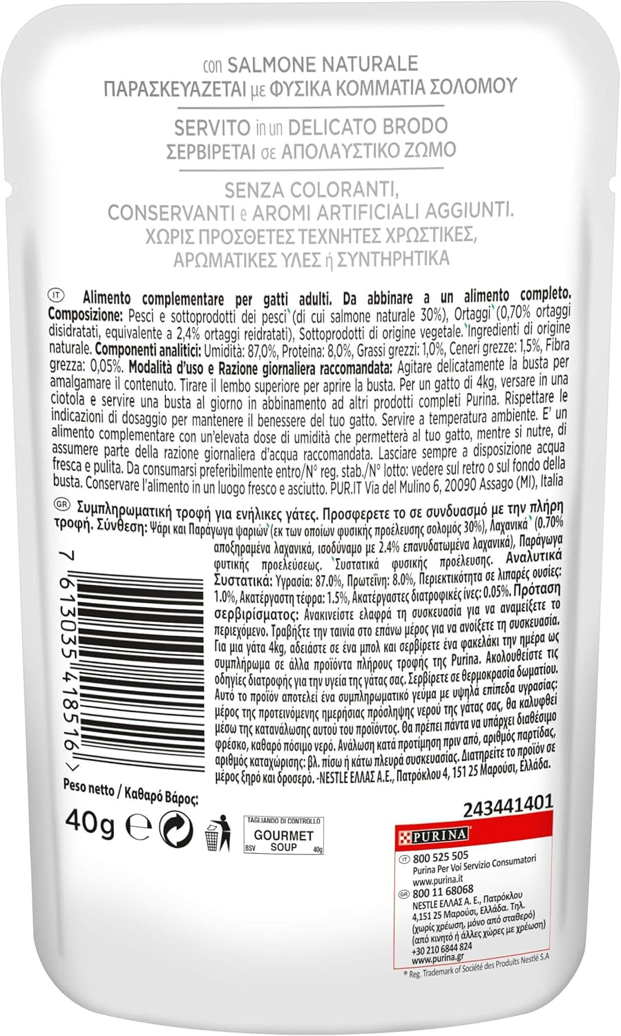 Crystal Delicate Suppenfond für die Katze, mit natürlichem Lachs, garniert mit Gemüse, 40 g, 32 unidades