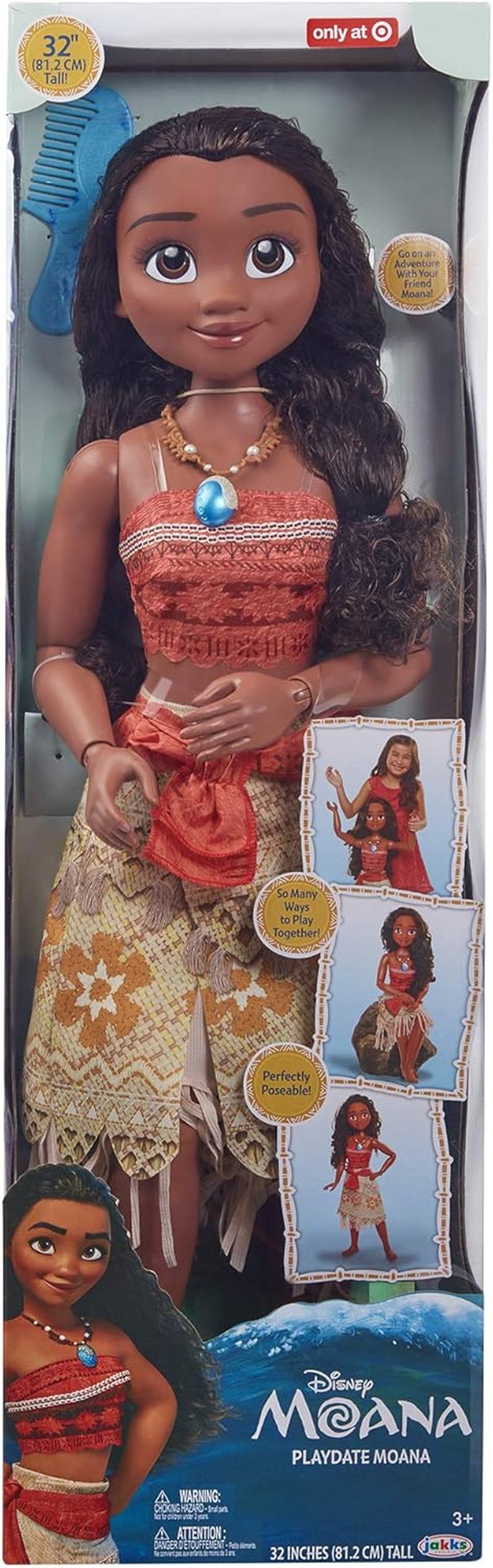 Disney Princess Vaiana, 80 cm große Spielpuppe von Jakks Pacific, bewegliche Puppe, mit Bürste zum Kämmen ihrer welligen Locken, vom Film Inspired Kleid, abnehmbare Halskette mit Anhänger