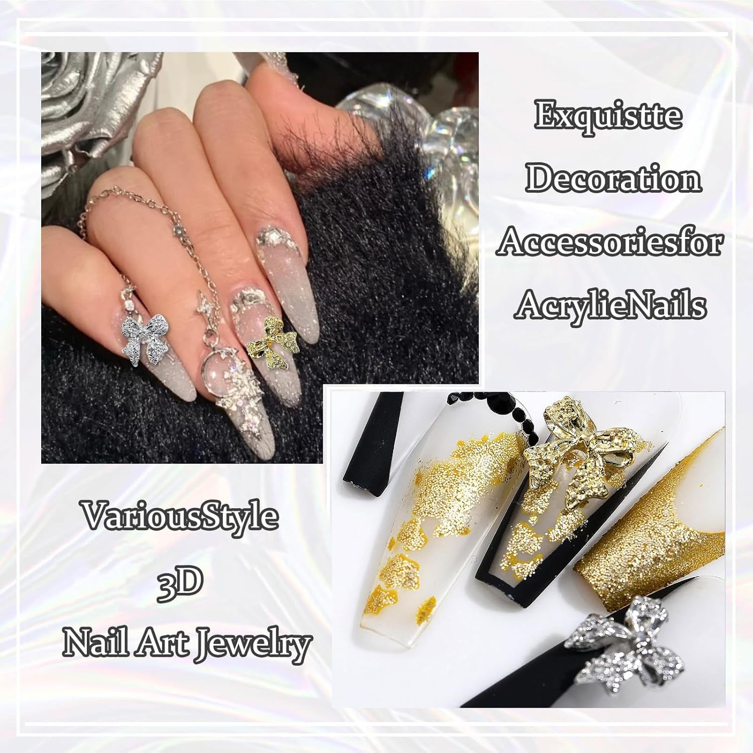 30 lazos de metal para uñas, lazos dorados, plateados y grises, accesorios para uñas, decoraciones de uñas para mujeres y niñas, diseño de uñas