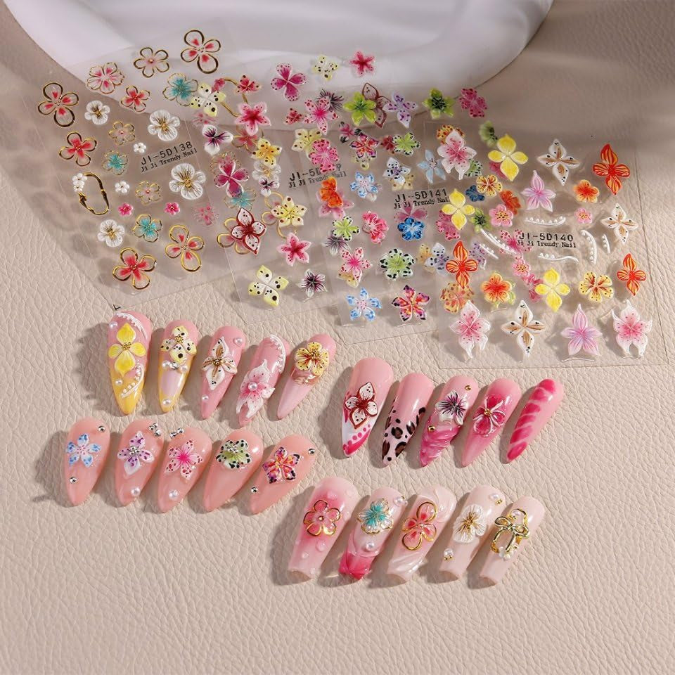 JMEOWIO 3D Nagelsticker Flor Colorida Nail Art Sticker Selbstklebend Nagelaufkleber 5D Stereoskopisch Primavera Verano Floral Dekoration Nageldesign Zubehör 4 Blatt