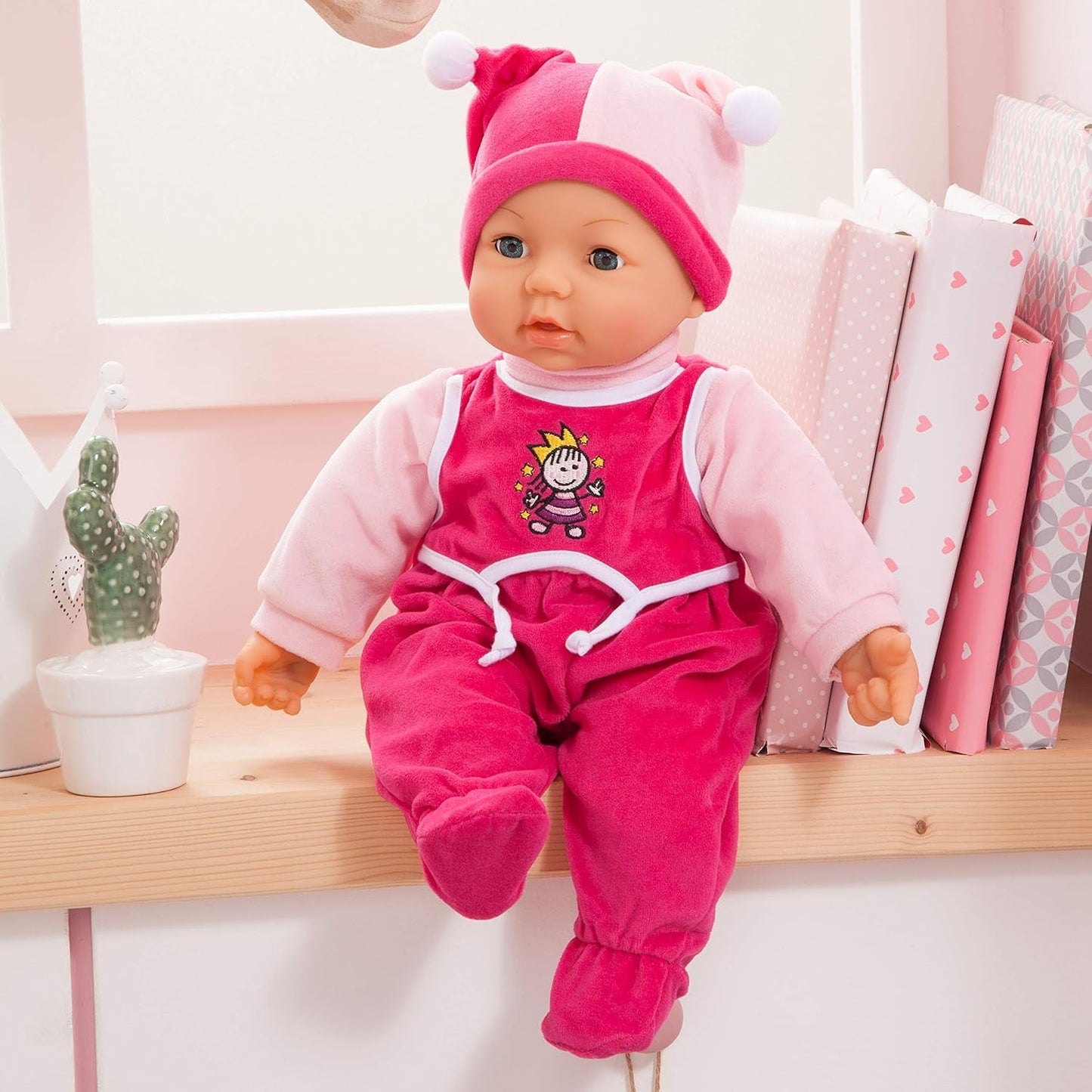 Funktionspuppe Hello Baby mit Geräuschen, bewegt den Mund, interactivo Puppe, Babypuppe, mit Zubehör, 46cm, rosa