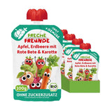FRECHE FREUNDE Bolsita de frutas ecológicas exprimibles con manzanas, fresas, remolacha y zanahoria, puré de frutas y verduras en bolsitas exprimibles para bebés a partir de 6 meses, vegano, paquete de 6 (6 x 100 g)