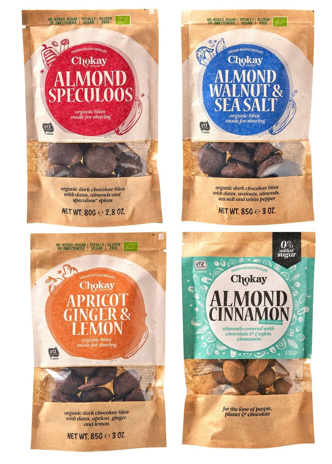 Juego de 4 bocados orgánicos - Almendras con canela/Almendras con canela en chocolate amargo belga/Sin azúcar añadido, sin edulcorantes/VEGANO Y DE COMERCIO JUSTO / 4 x 85 g