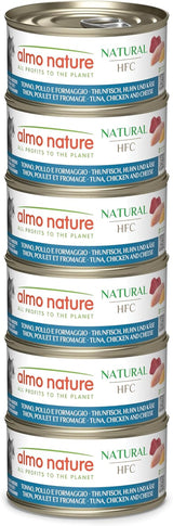 Almo Nature HFC Natural - Comida húmeda para gatos adultos - Atún, Pollo y Queso - Calidad humana, Sin gluten - 6 x 70g