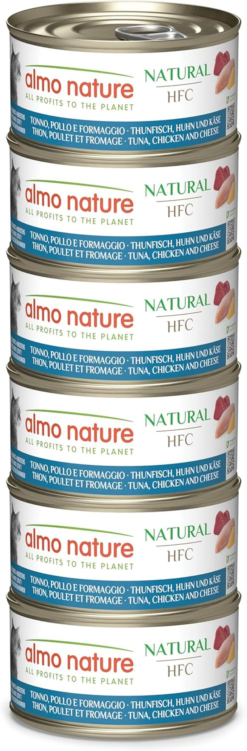 Almo Nature HFC Natural - Comida húmeda para gatos adultos - Atún, Pollo y Queso - Calidad humana, Sin gluten - 6 x 70g