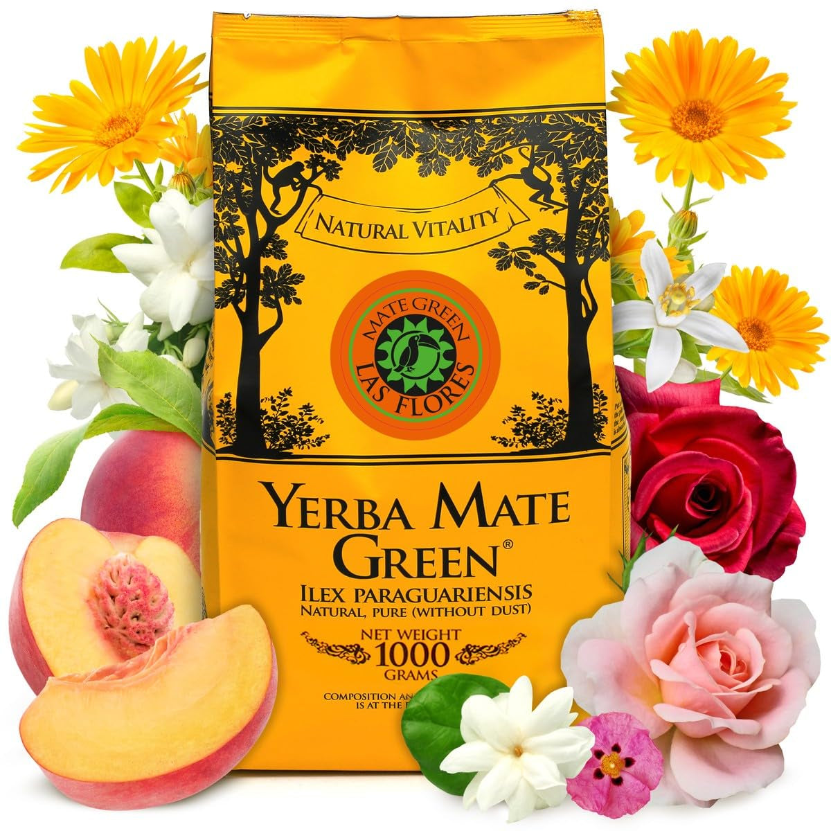 Yerba LAS FLORES 1 kg ● Yerba Mate con durazno brasileño ● Jazmín ● Mate de hojas de mate ● Sabores naturales ● Yebra Mate con guaraná 50 g ● Yerba Mate con hojas enteras 1050 g ● Vegano