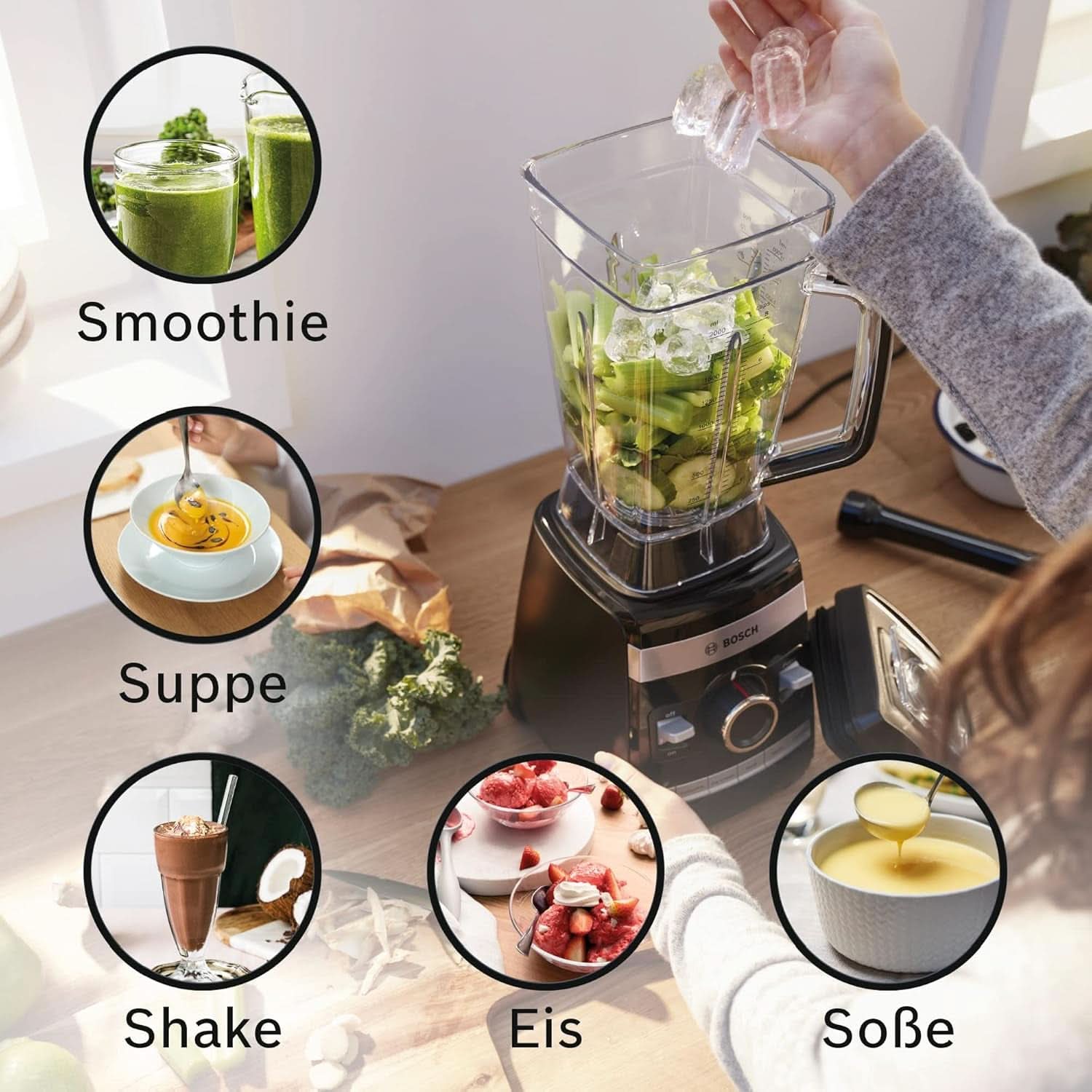 Bosch Batidora de pie Vitaboost MMBH6P6BDE, 6-Klingen-Edelstahlmesser, 2.5L Tritan-Mixbehälter, Stopfer, 6 Automatikprogramme, Rezeptbuch, Bpa-Frei, Einfache Reinigung, 45.000 U/Min, 1600 W, Schwarz Bucatarie Naty Shop