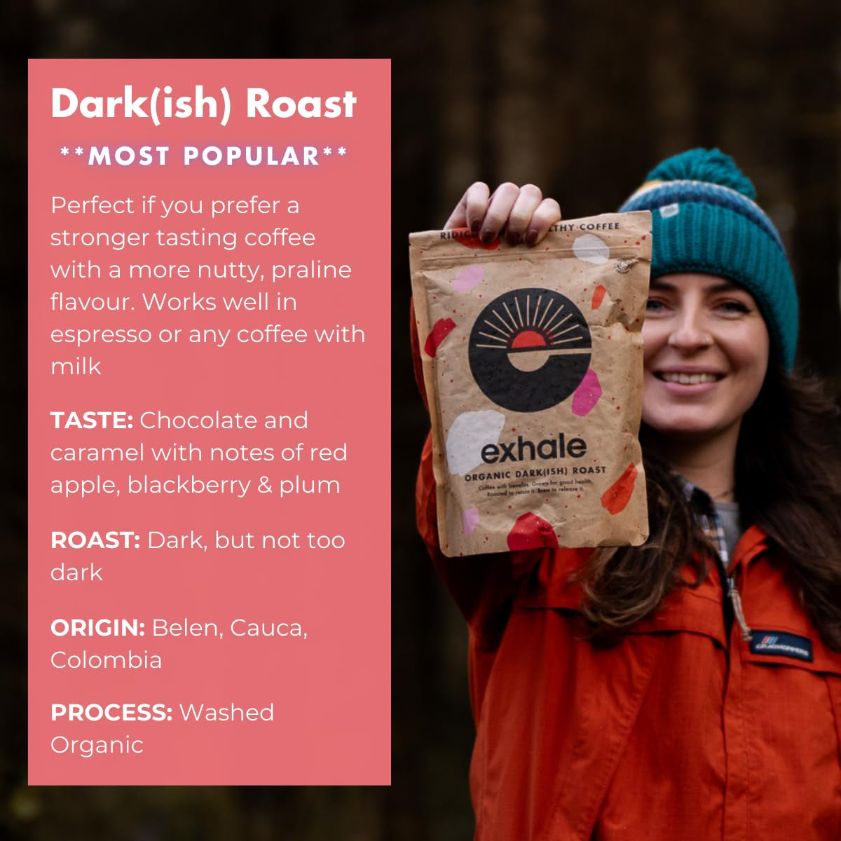 EXHALE Bio GANZE BOHNEN – Dunkel Gerösteter Kaffee – Paquete de 450 g – Mykotoxinfrei & Geeignet für Bulletproof Coffee – Single Origin y 100% Arábica Bohnen