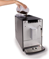 Melitta Solo & Milk: cafetera delgada totalmente automática con espumador de leche, cafetera con depósito de agua extraíble, p. café o capuchino, plata