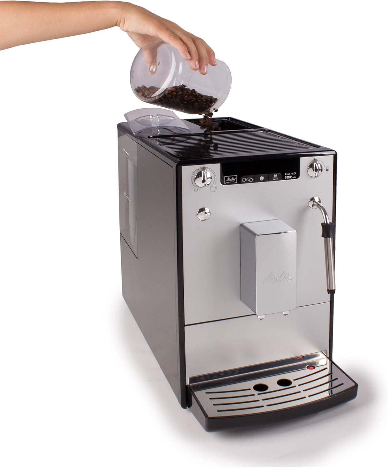 Melitta Solo & Milk: cafetera delgada totalmente automática con espumador de leche, cafetera con depósito de agua extraíble, p. café o capuchino, plata