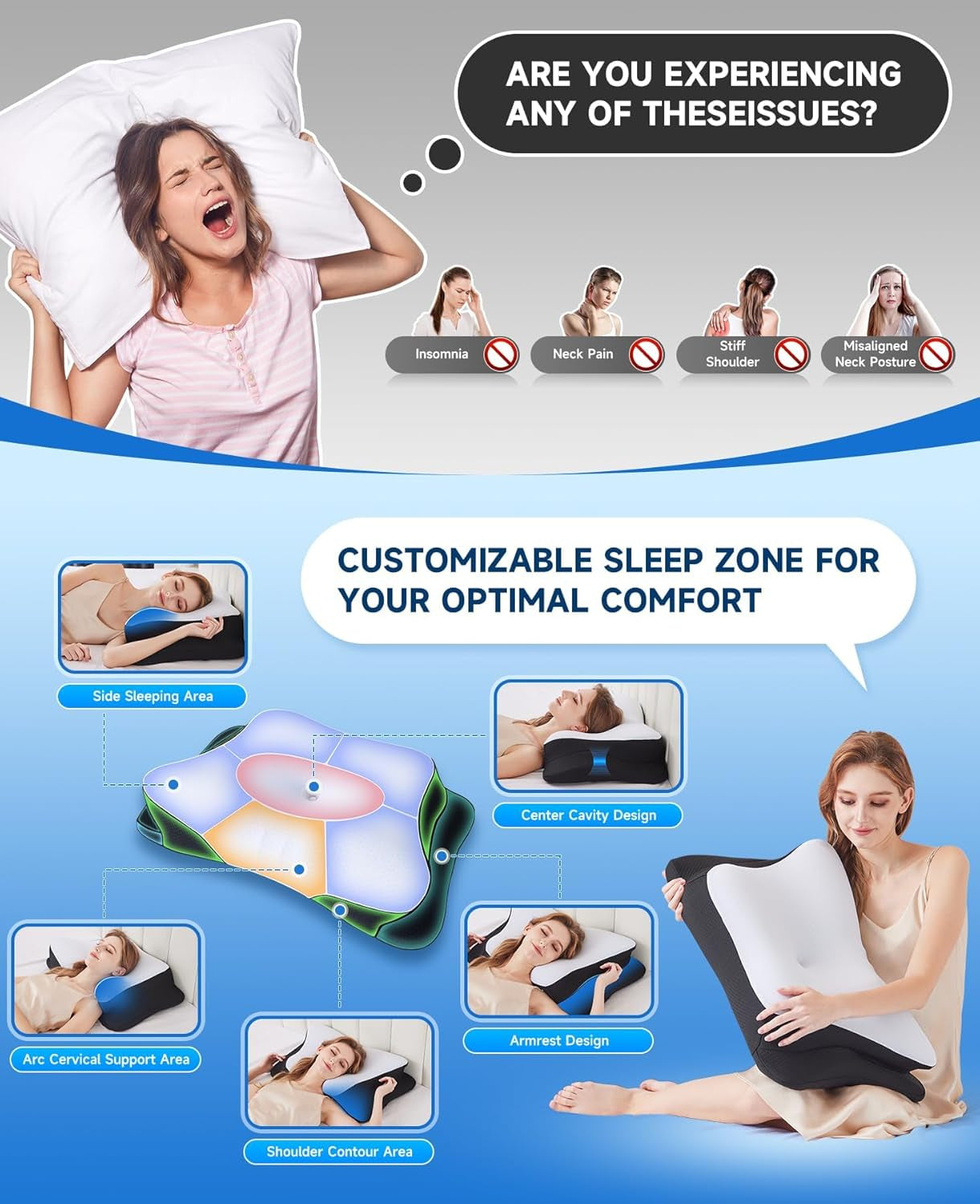 SUPA MODERNA Almohada de espuma viscoelástica para dormir de lado, almohada refrescante 60X40, ortopédica para la espalda, estómago, cuello, alivio del dolor, almohada para el cuello, almohadas ortopédicas cervicales Naty Shop
