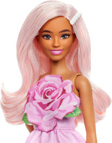 Muñeca Barbie Fashionistas núm. 238 con cabello rosa pastel, vestido palabra de honor con corpiño rosa, pasador de perlas y tacones altos y pasadores, HYT94