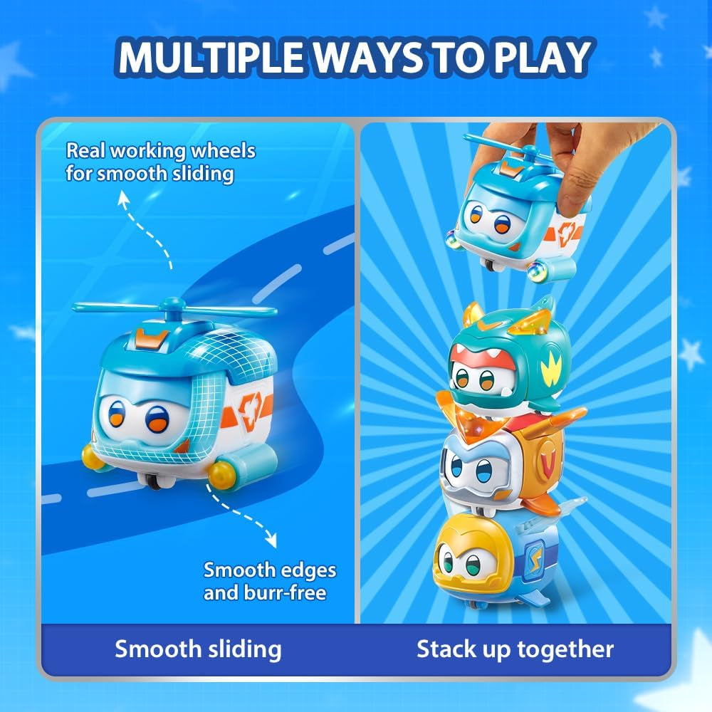 Super Wings Super Pets 4 PCS Shine, Golden Boy, Jerome, Ellie Expresión facial intercambiable Efecto relámpago Juguete portátil para niños de 3 4 5 6 7 8 años Figuras de acción de 2 pulgadas Naty Shop