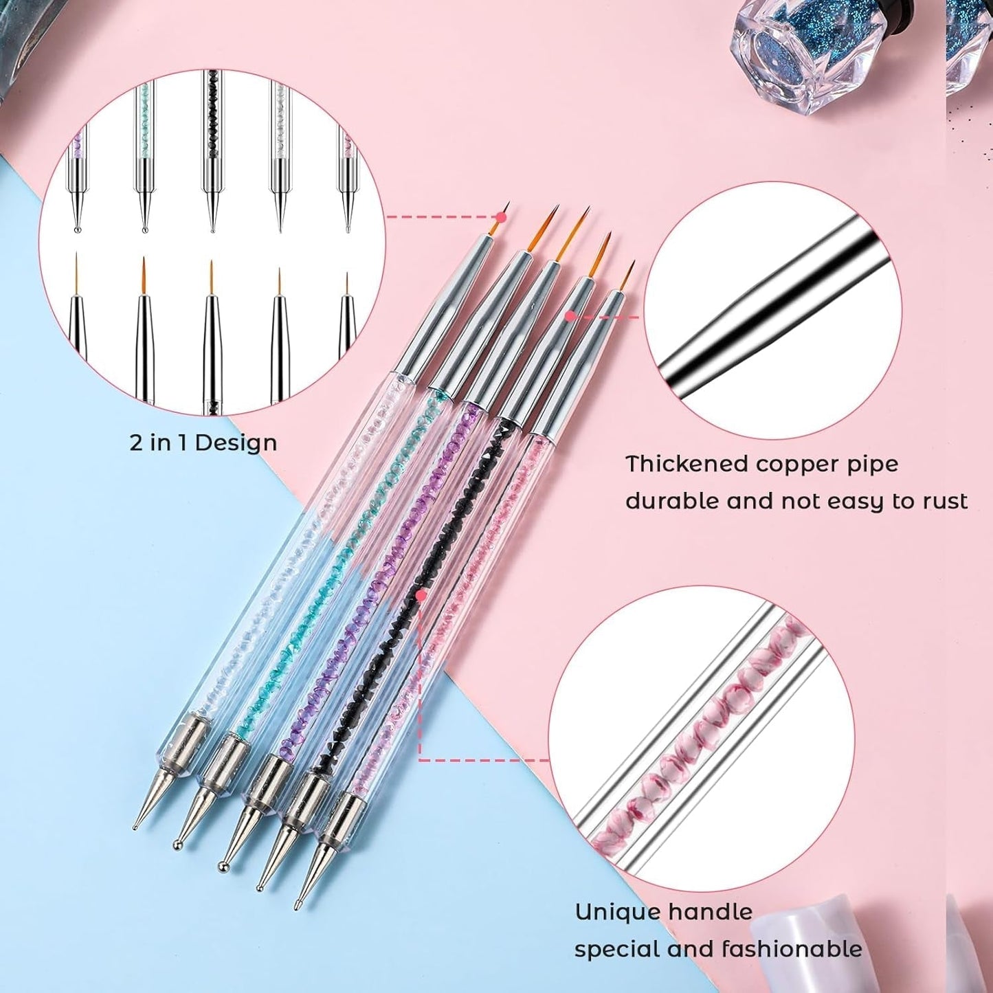 Juego de 5 pinsel para decoración de uñas, herramienta para puntear, Pinsel para Nailart, Nageldesign, bolígrafo para puntear de doble punta, Strass, acrílico profesional, Feinmalerei, diseño de uñas