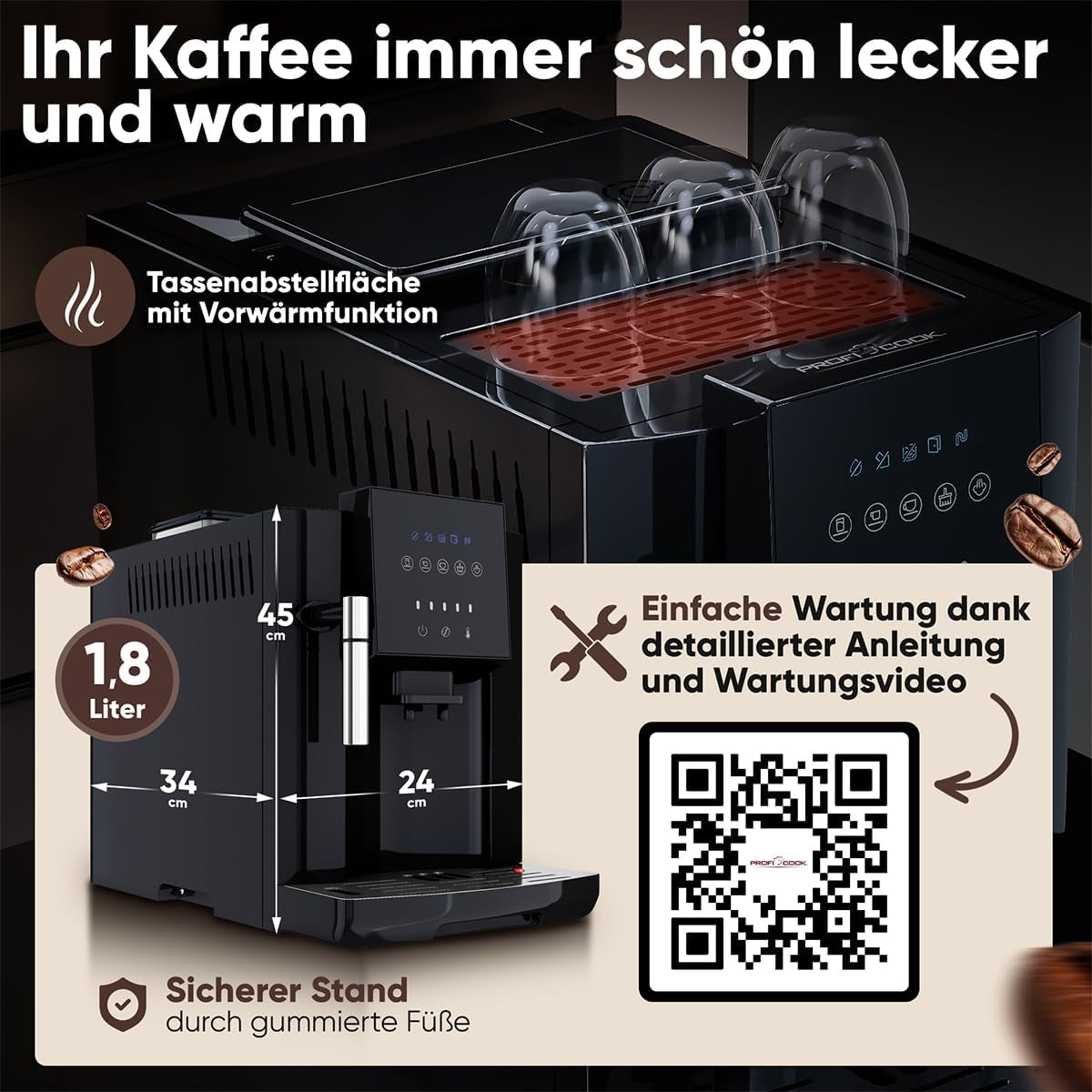 Cafetera espresso ProfiCook® totalmente automática con espumador de leche para capuchino | Molinillo cónico | con función de calentamiento de tazas | Bomba profesional italiana | Pantalla táctil | Café expreso | PC KAV 1281