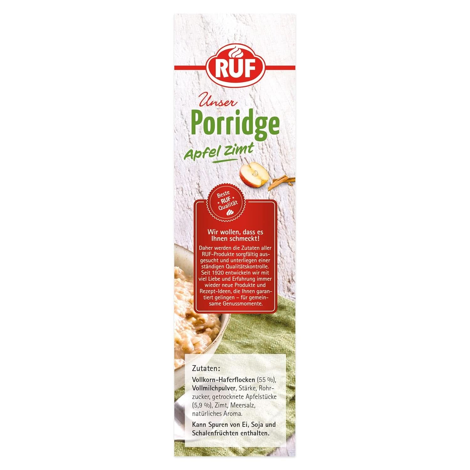 RUF Gachas de Manzana y Canela, con copos de avena integral, fino sabor a canela y trozos de manzanas secas, 400 gramos Cereale Naty Shop