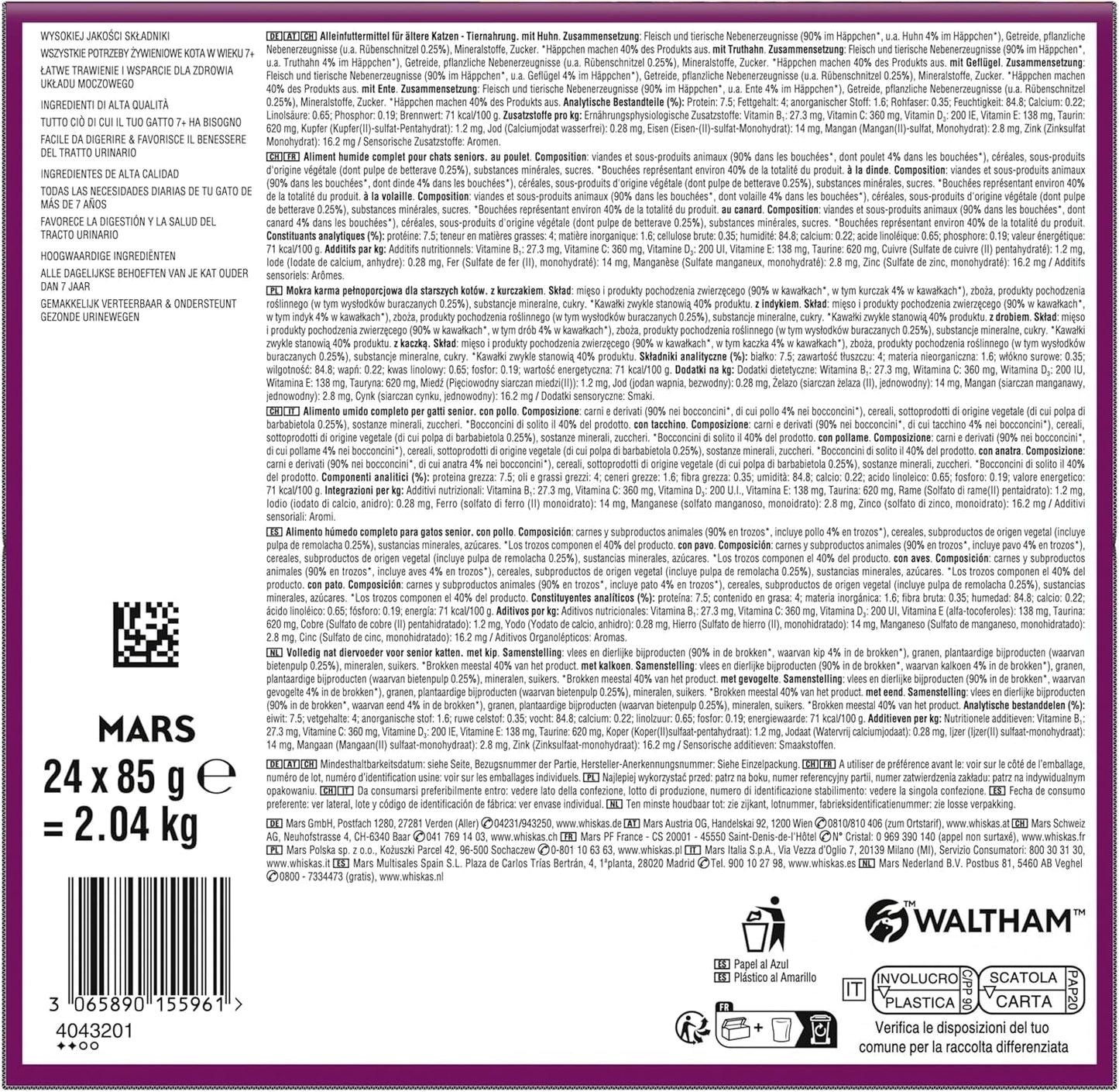 Whiskas 7+ Comida Húmeda para Gatos Selección de Aves en Salsa 24 x 85 g (2 Packs) - Comida húmeda de alta calidad a partir de 7 años en 48 bolsitas para servir