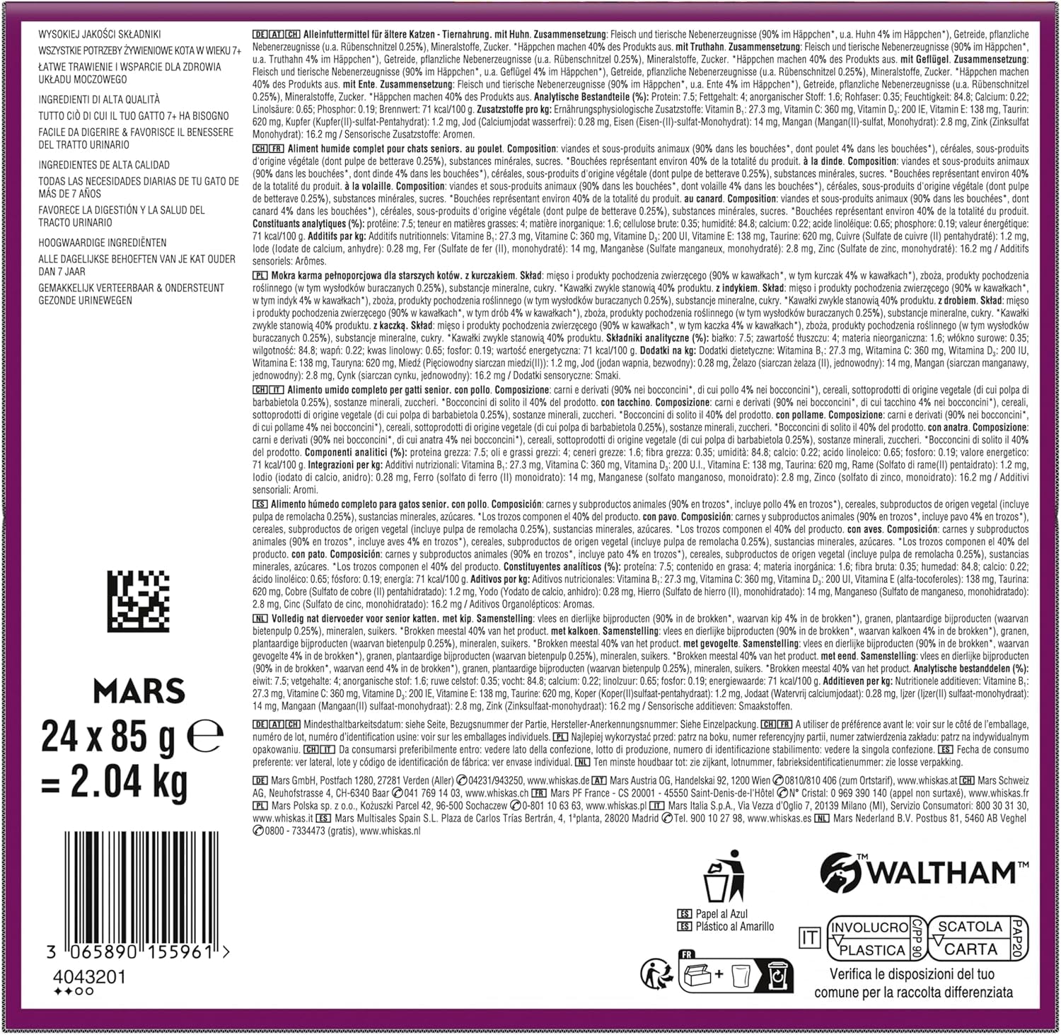 Whiskas 7+ Comida Húmeda para Gatos Selección de Aves en Salsa 24 x 85 g (2 Packs) - Comida húmeda de alta calidad a partir de 7 años en 48 bolsitas para servir