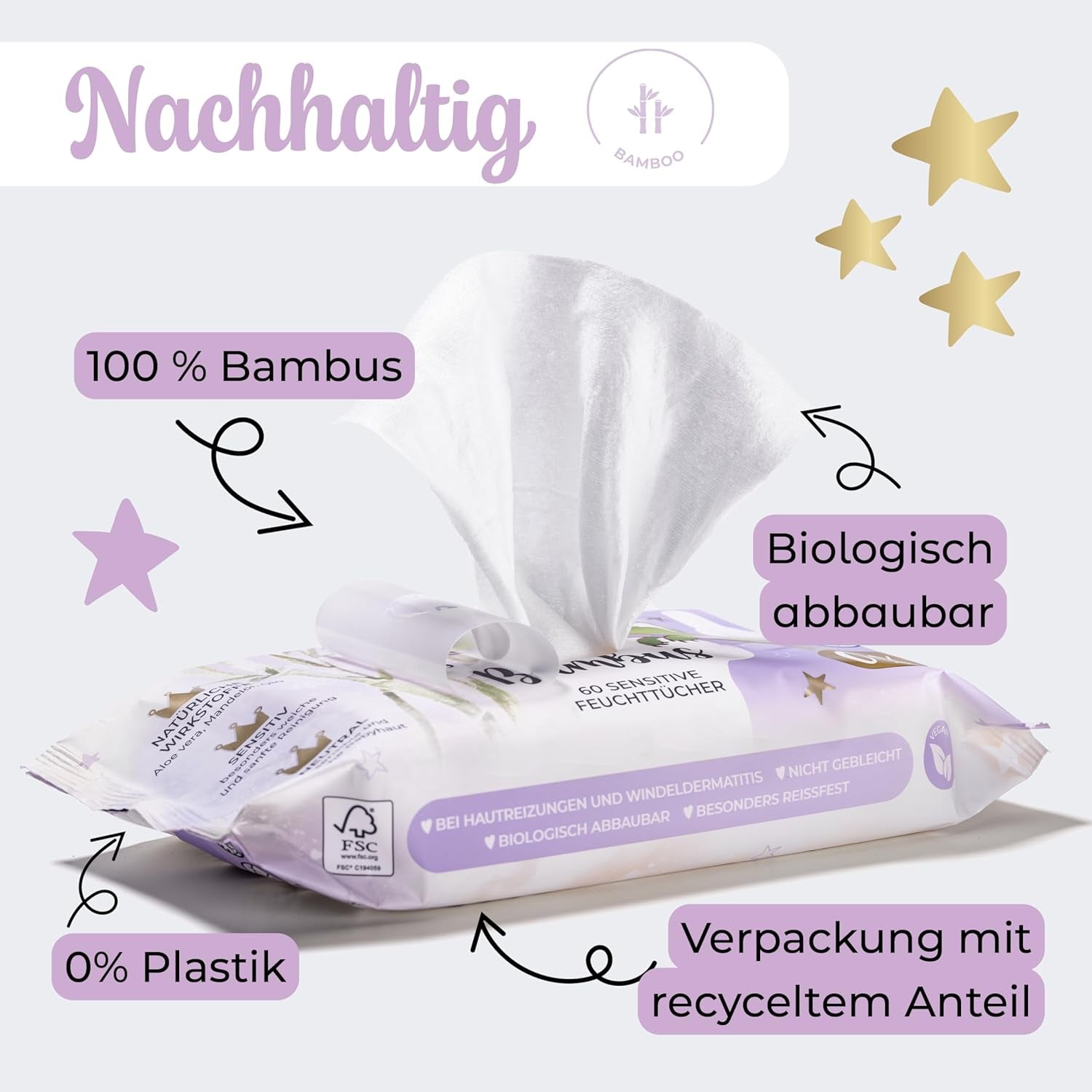 Millis Bamboo Baby Toallitas húmedas sensibles para la delicada piel del bebé - 5 x 60 piezas - Limpieza natural, suave y sostenible - Toallitas húmedas biodegradables, sin plástico y sin alcohol