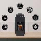 Cafetera espresso con cápsulas K-FEE SQUARE para café, té y cacao | Café expreso compacto | Calentamiento rápido | Depósito de agua de 0,8 litros | 19 barras | negro piano