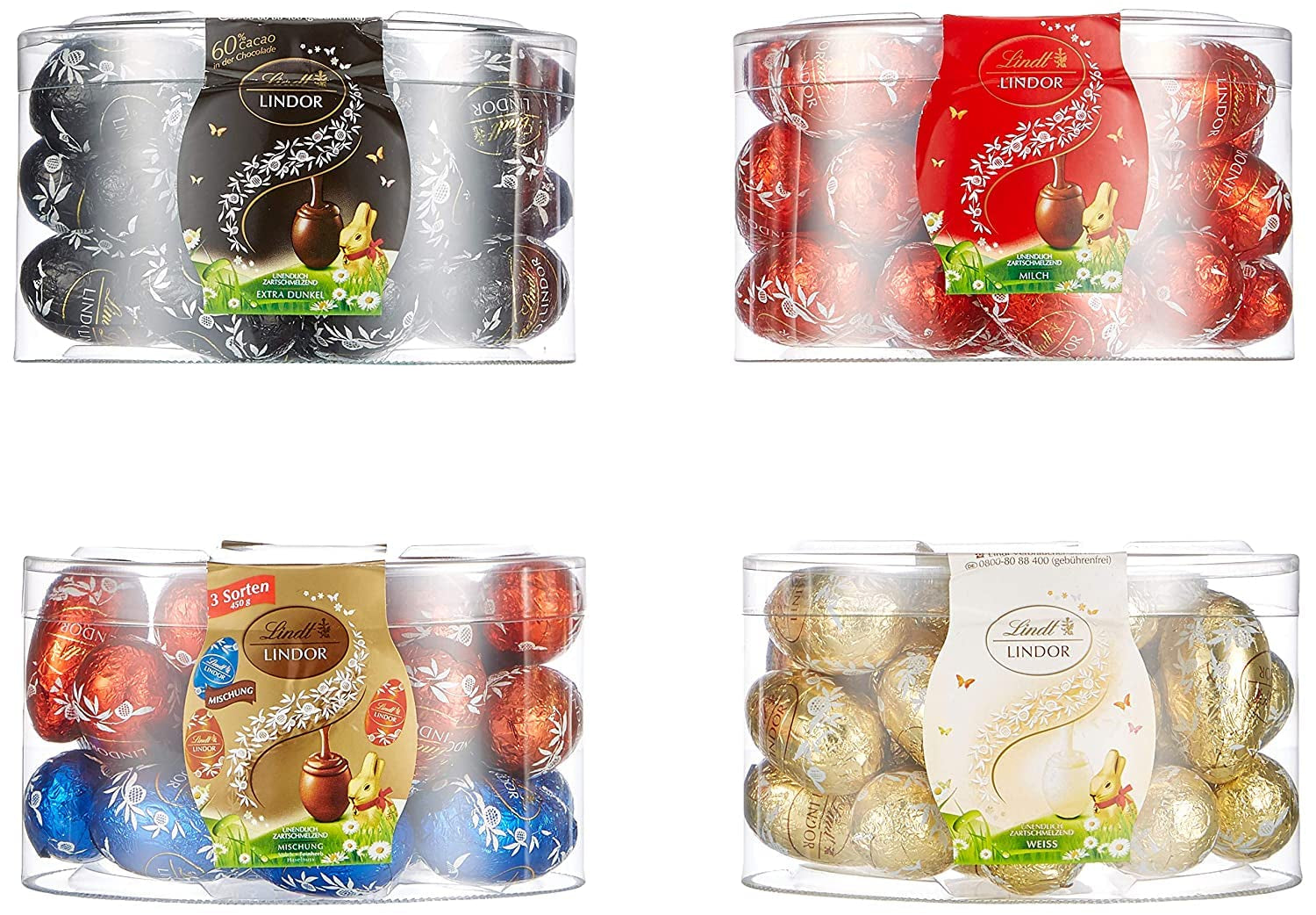 Huevos LINDOR con chocolate Lindt | 4 cajas de 450 g cada una | Huevos LINDOR con chocolate con leche que se deshace en la boca, relleno blanco, negro y avellanas | Chocolate de Pascua | Regalo de chocolate | Huevos de Pascua | huevos de chocolate