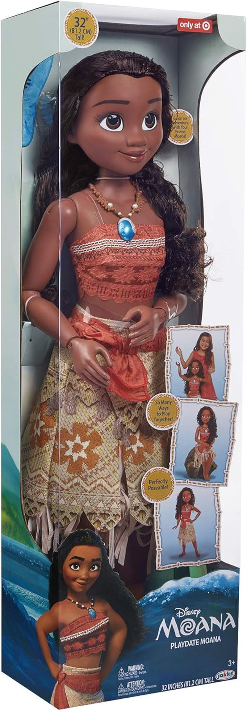 Disney Princess Vaiana, 80 cm große Spielpuppe von Jakks Pacific, bewegliche Puppe, mit Bürste zum Kämmen ihrer welligen Locken, vom Film Inspired Kleid, abnehmbare Halskette mit Anhänger