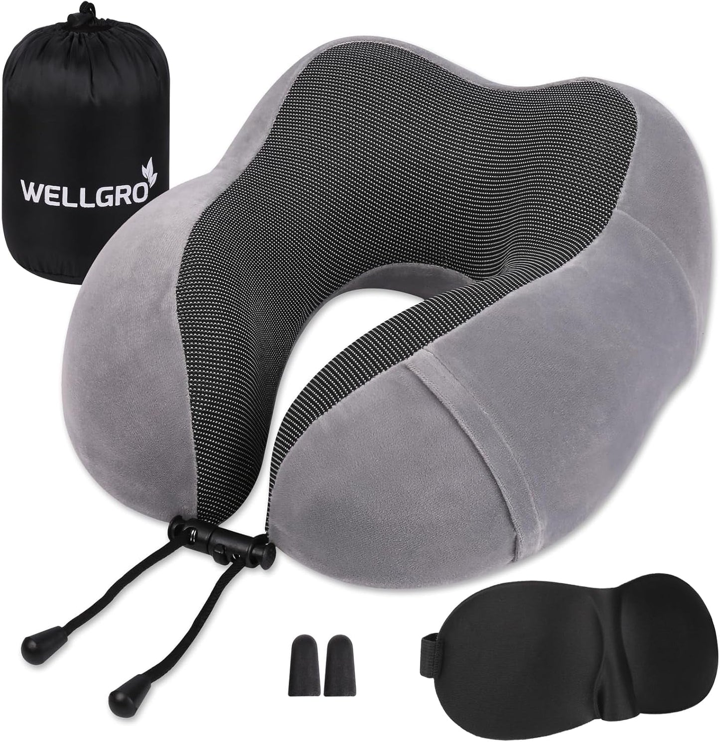 WELLGRO Juego de almohadas cervicales con antifaz para dormir 3D y tapones para los oídos - Funda extraíble - Espuma viscoelástica - Cierre de cremallera - Incluye bolsa de almacenamiento - Almohada de viaje - Color a elegir, color:gris Naty Shop Almohadas cervicales ortopédicas grises