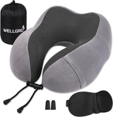 WELLGRO Juego de almohadas cervicales con antifaz para dormir 3D y tapones para los oídos - Funda extraíble - Espuma viscoelástica - Cierre de cremallera - Incluye bolsa de almacenamiento - Almohada de viaje - Color a elegir, color:gris Naty Shop Almohadas cervicales ortopédicas grises