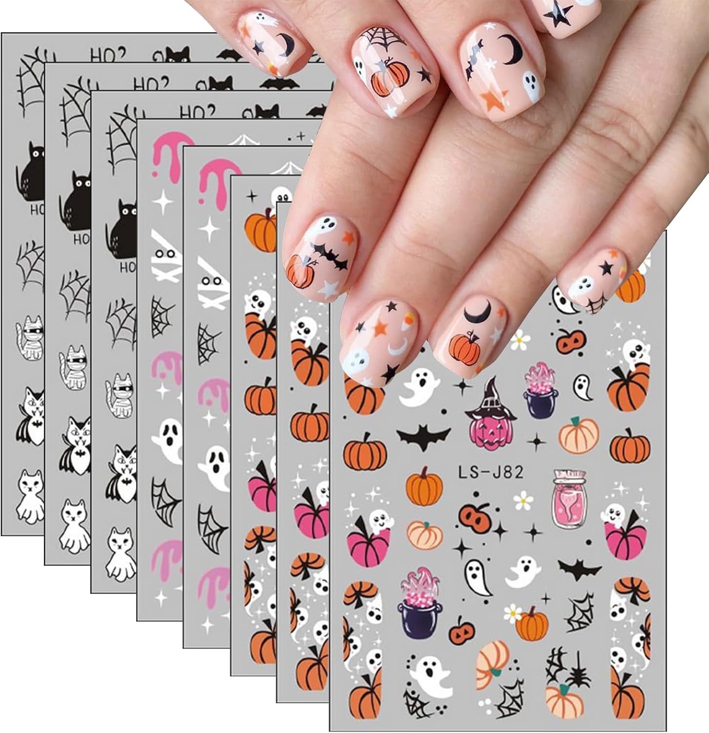 Nagelsticker Halloween, 8 Blätter Halloween Nagelsticker, Kürbis Nail Sticker, Nail Art, Nagel Charms, Nagel Zubehör, Nageldesign, Navidad (Typ A)
