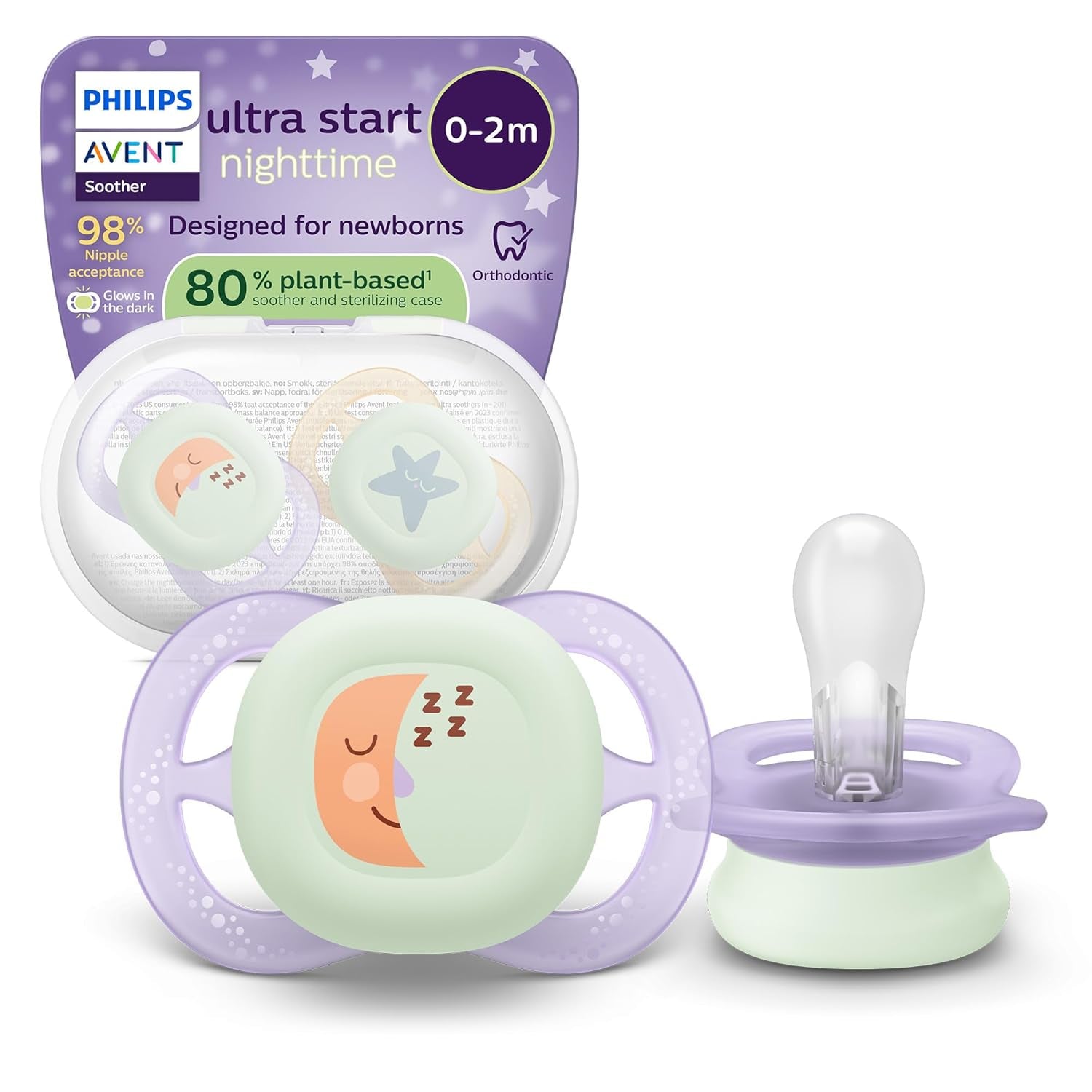 Philips AVENT Chupete nocturno Ultra Start, Chupete ortodóntico para recién nacidos, Brilla en la oscuridad, Sin BPA, con contenedor de esterilización, Paquete doble, Luna, Estrella, SCF075/07