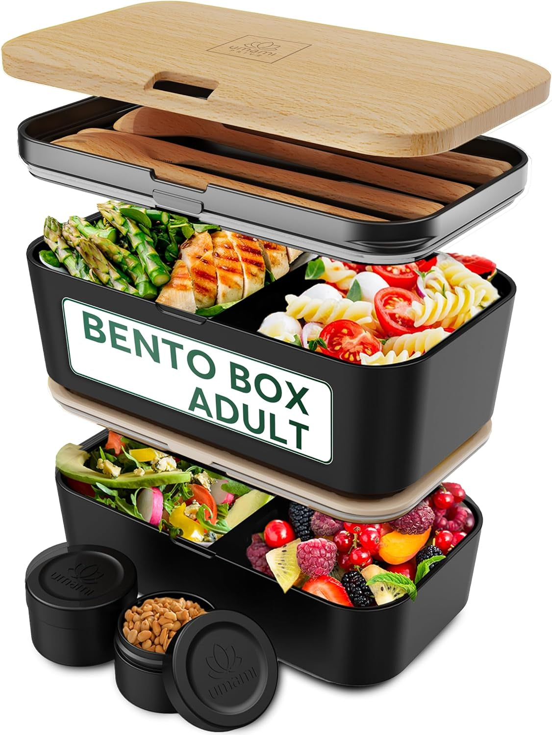 Umami Fiambrera para Adultos, Fiambrera Bento Apilable Antigoteo con 4 Cubiertos y Compartimentos, Fiambrera para Adultos, Ensalada para Llevar, Fiambrera para Picnic/Oficina, Gris Antracita, 1500ml Naty Shop Fiambreras de Haya Negra - 1500 Ml L - 1500 Ml Apilables Una Dentro De La Otra