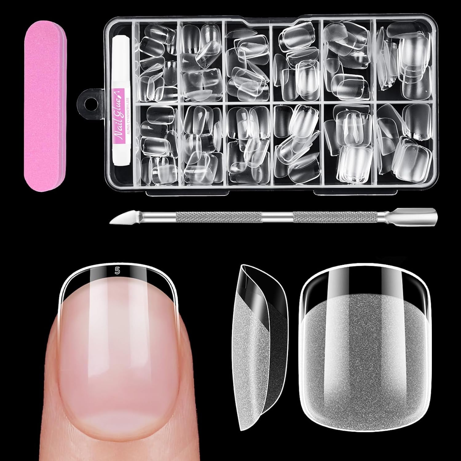 Uñas cortas de cubierta completa, 120 piezas, 12 tamaños, puntas de uñas cortas para uñas de gel, pegamento en uñas artificiales, pegamento en lima de uñas, pulidor de uñas, empujador de cutículas