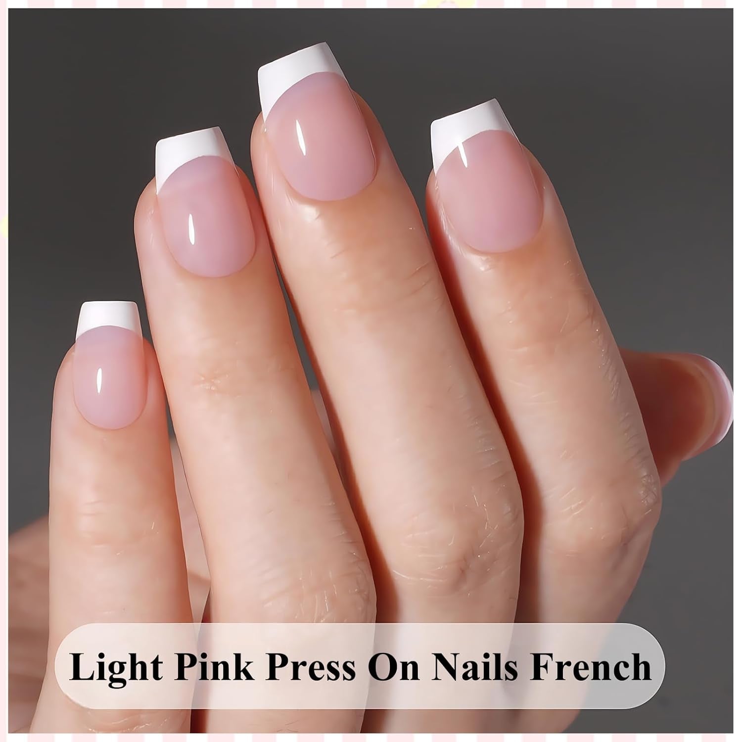 Uñas Francesas Autoadhesivas Rosa Claro - 32 Piezas Pegamento en Uñas Francesas - Uñas Postizas Cortas Cuadradas - Pegamento Transpirable en Uñas Artificiales - Uñas Postizas de Cobertura Completa para Mujer (Rosa Claro)