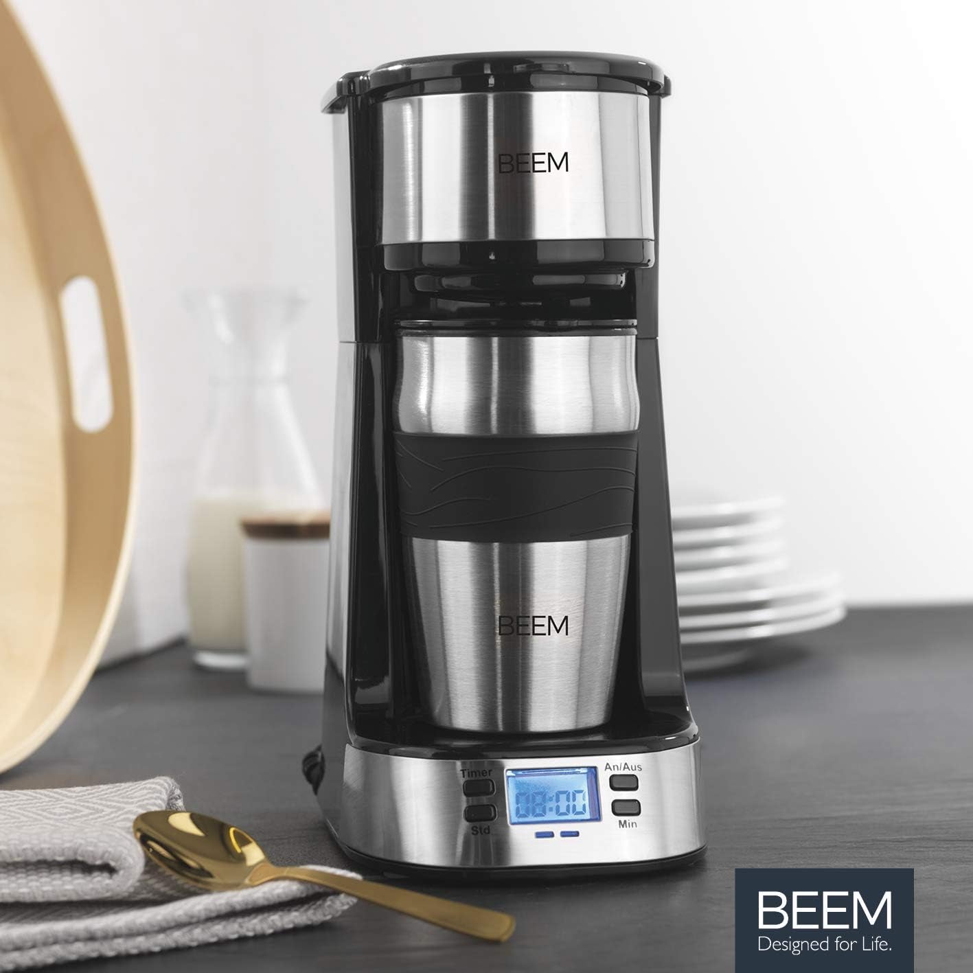 BEEM THERMO 2 GO Cafetera espresso monofiltro con vaso térmico de 0,4 l | Filtro permanente | Con temporizador de 24 horas para tomar una taza de café caliente por la mañana, sin esperas | 750 vatios