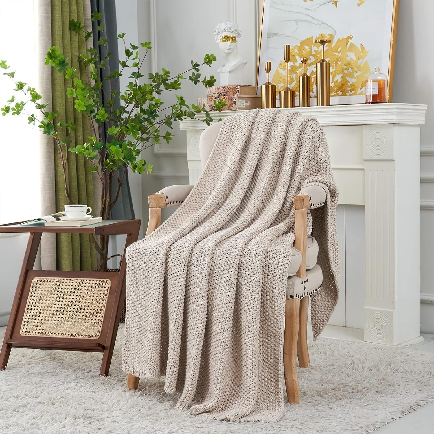 Manta de punto grueso, Ligera, Beige, 100% algodón orgánico, Manta para sofá, sofá, cama, niño, habitación infantil, Rústica, Shabby chic, Casa de campo moderna, 152,4 X 203,2 cm, Incluye bolsa de lavandería Camas y mantas Ropa de cama Longhui