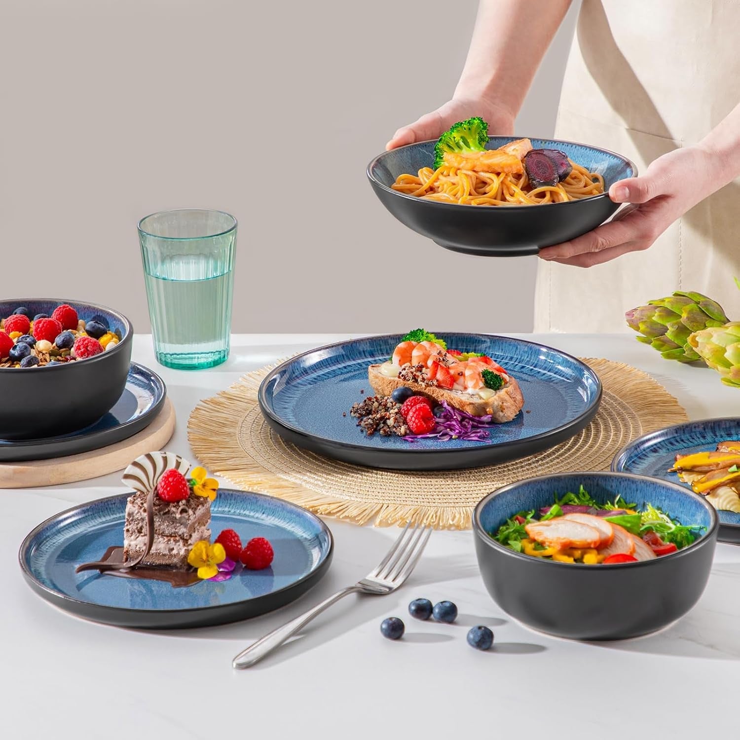 Vajilla para 6 personas Vancasso PLAYA Vajilla de porcelana para 6 personas de 24 piezas Azul Incluye platos, platos Suma, cuencos y ensaladeras Apto para lavavajillas y microondas