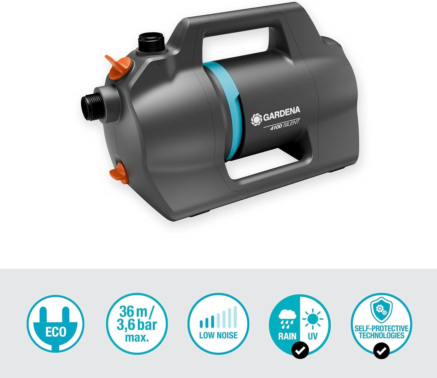 Gardena 4100 Set de Bomba de Jardín Silenciosa: Bomba de Riego Muy Silenciosa e Innovadora con Conexión de Aspiración de 3,5m y Manguera Clásica de 20m, Caudal 4100L/h, Motor 550W, Impermeable, Económica (9051-20)