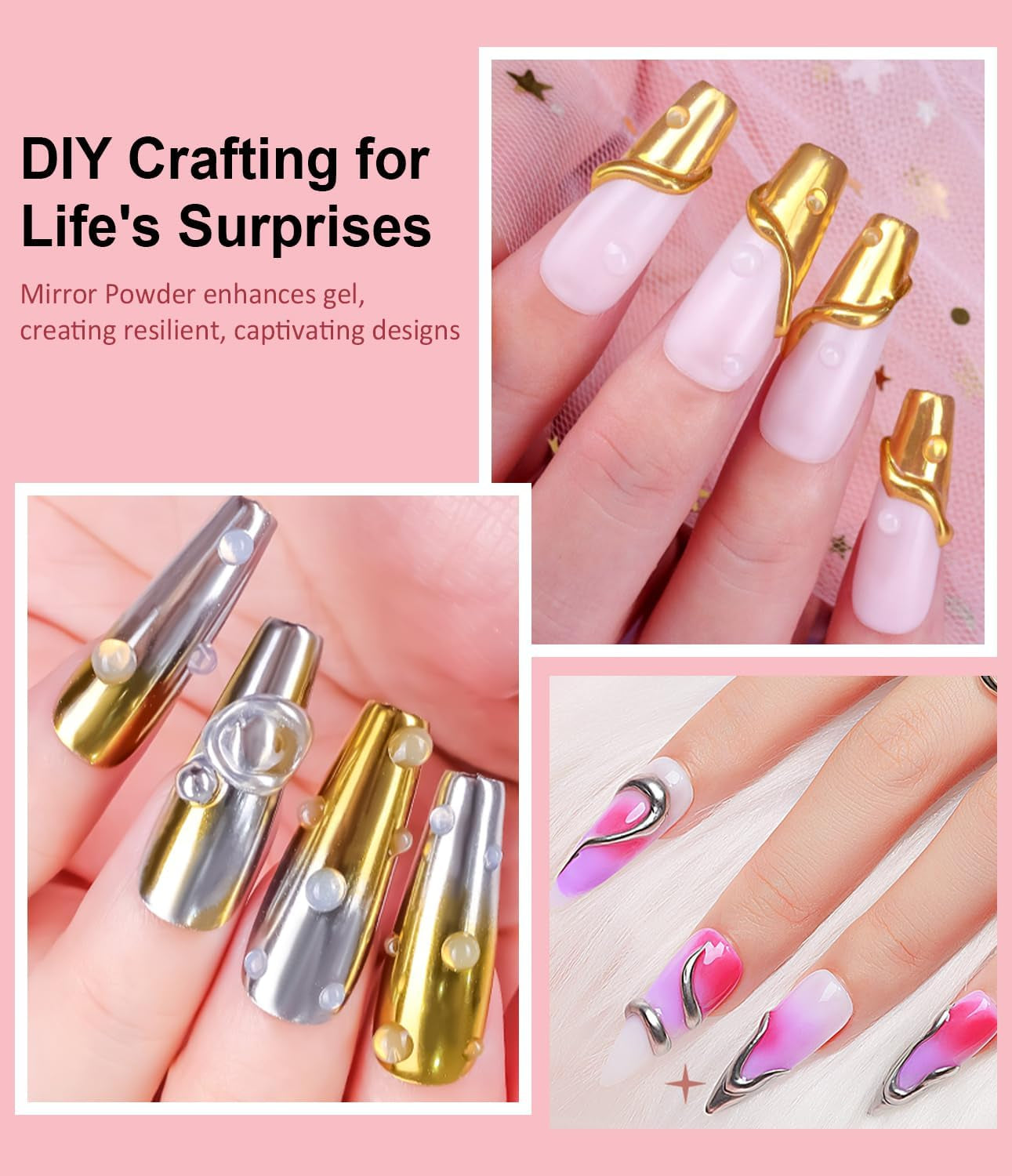 BISHENGYF Polvo de uñas cromado de oro rosaNeue Upgrade Grosse Kapazitä Chrom PulverSuper-Spiegeleffekt Metall Mirror Chrome Powder -Neon Glassy Pearl Effect Glitter Nagelkunst Pulver para salón de bricolaje