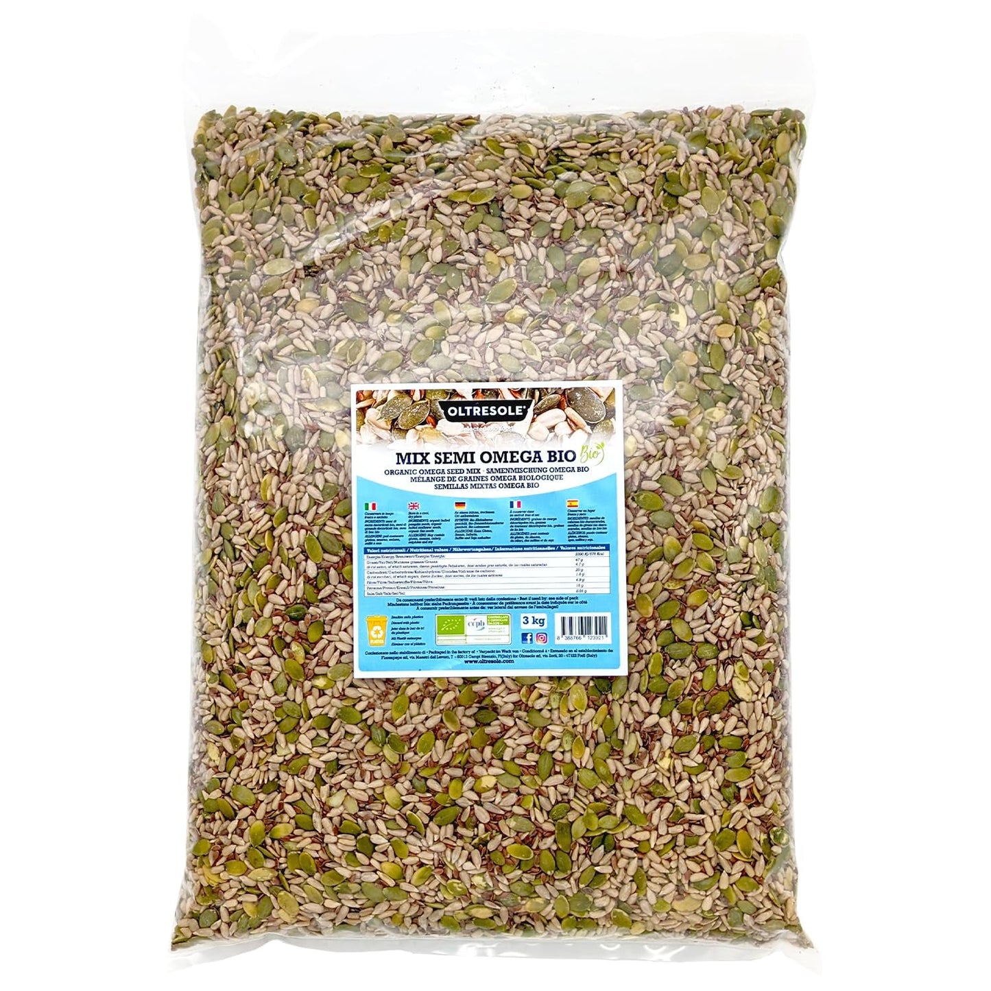 Organic Omega Seed Mix 3 kg (mezcla de semillas de calabaza, girasol y lino), una mezcla de 3 semillas oleaginosas enteras crudas, rica en proteínas, fibra y ácidos grasos omega-3