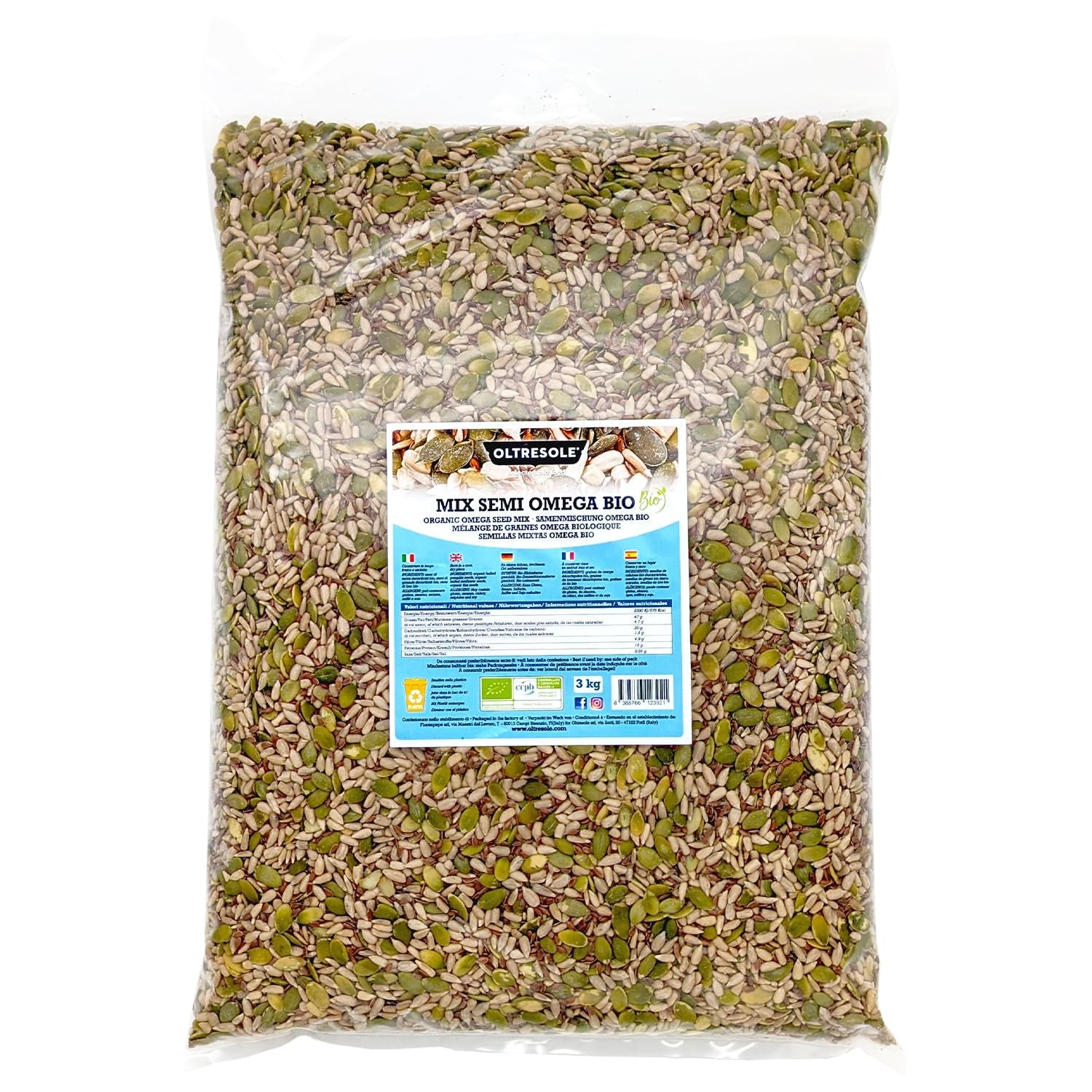 Organic Omega Seed Mix 3 kg (mezcla de semillas de calabaza, girasol y lino), una mezcla de 3 semillas oleaginosas enteras crudas, rica en proteínas, fibra y ácidos grasos omega-3