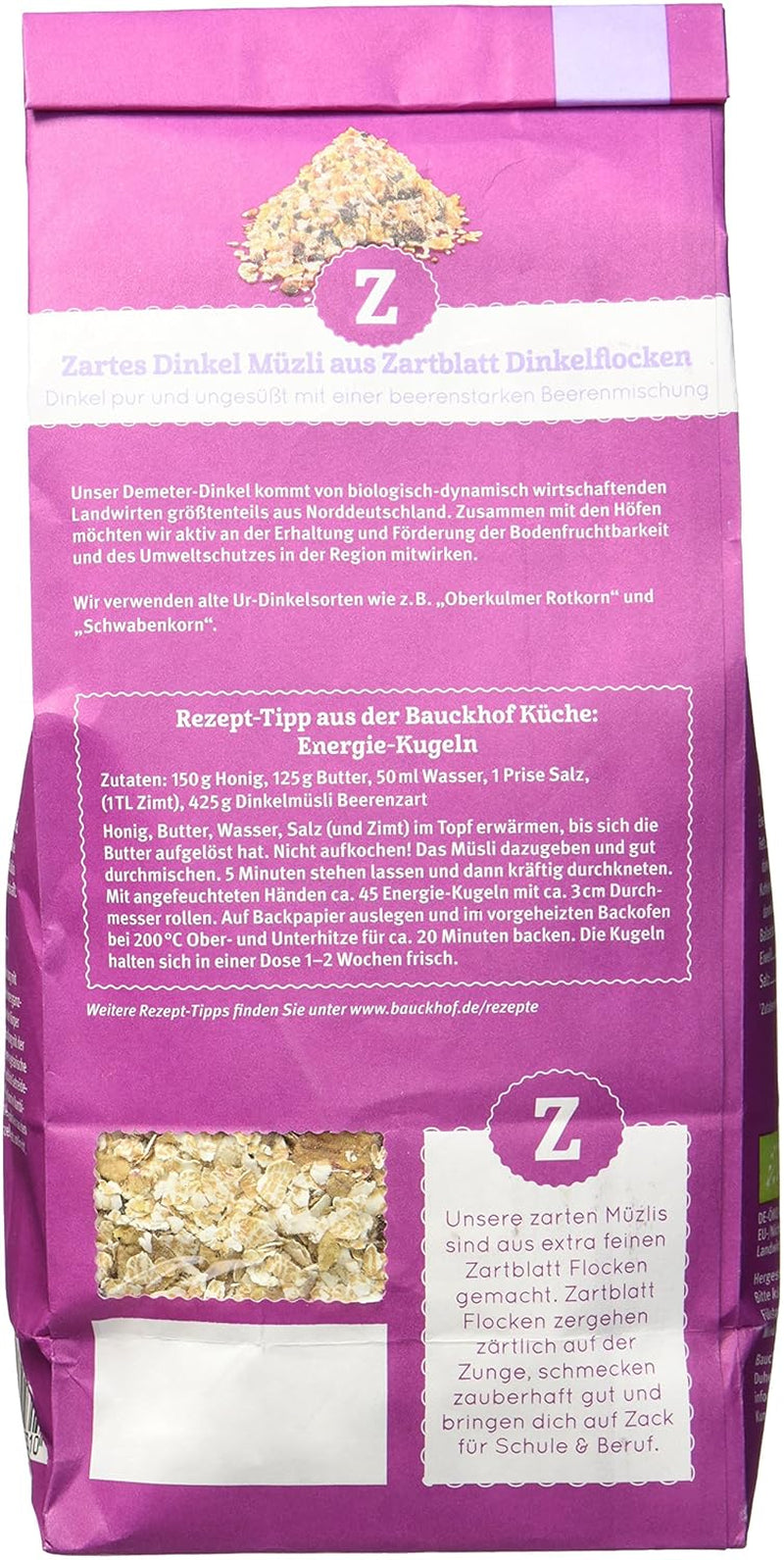 Muesli con sabor a bayas de espelta Hof, sin azúcar, 425 g