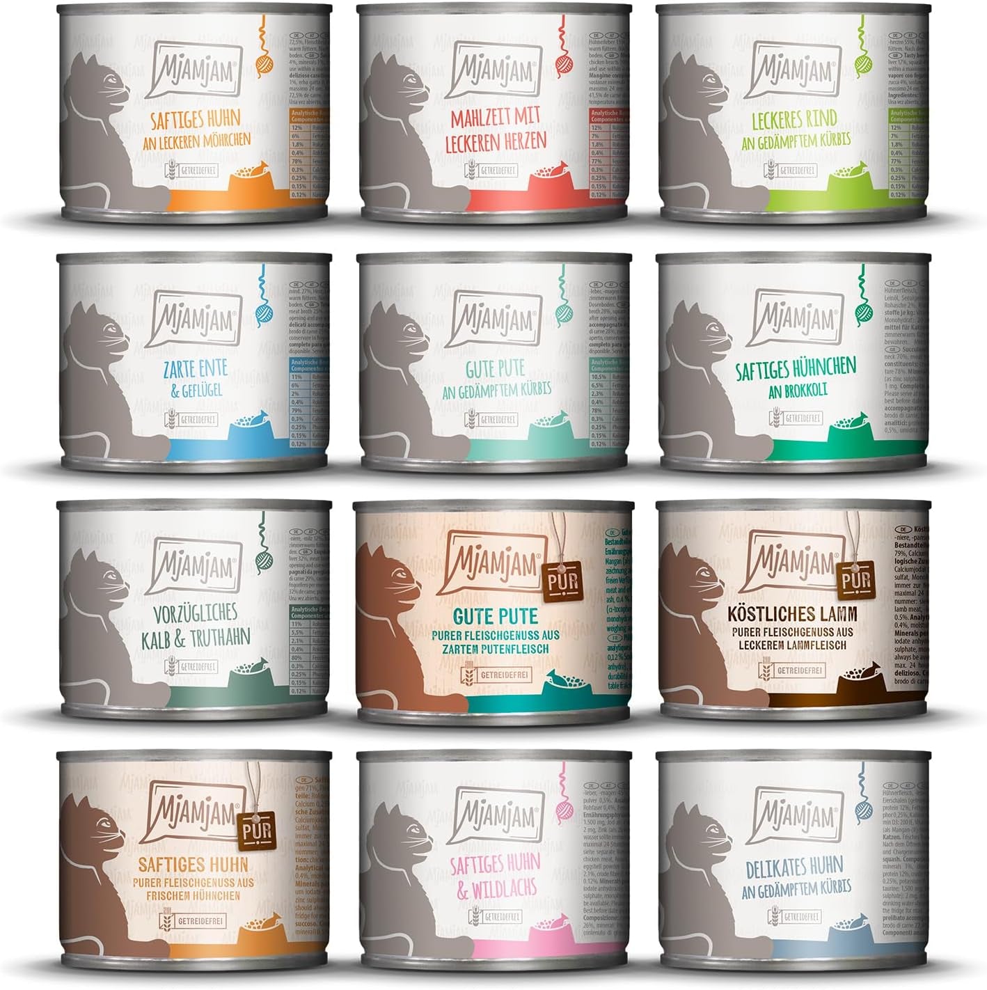 MjAMjAM - Comida húmeda premium para gatos - Deliciosa caja de 12 paquetes (12 x 200 g) sin cereales con carne extra