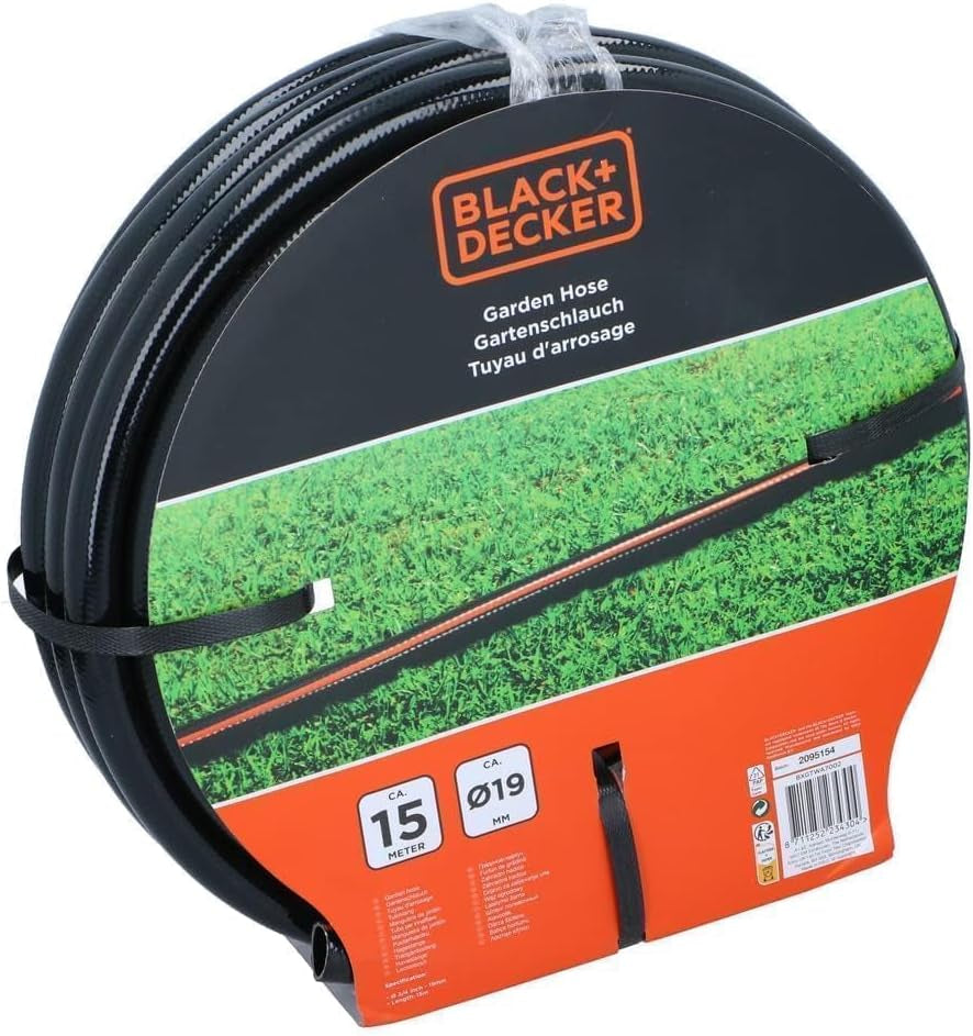 Manguera de Jardín BLACK+DECKER 15 metros - Ø19MM - PVC duradero - Regar el jardín, lavar el coche, llenar la piscina - Compatible con cualquier grifo estándar - Negro/Naranja