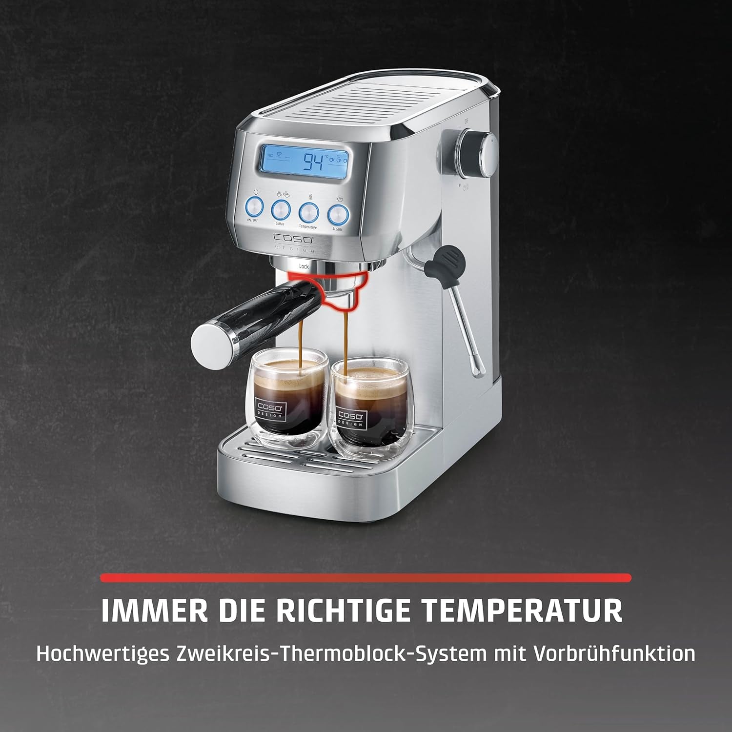 CASO EspressoGourmet Crema - Cafetera espresso portafiltro con espumador de leche, espresso, capuchino, portafiltro de acero inoxidable, bomba ULKA 20 bar, cafetera, café molido, cápsulas ESE